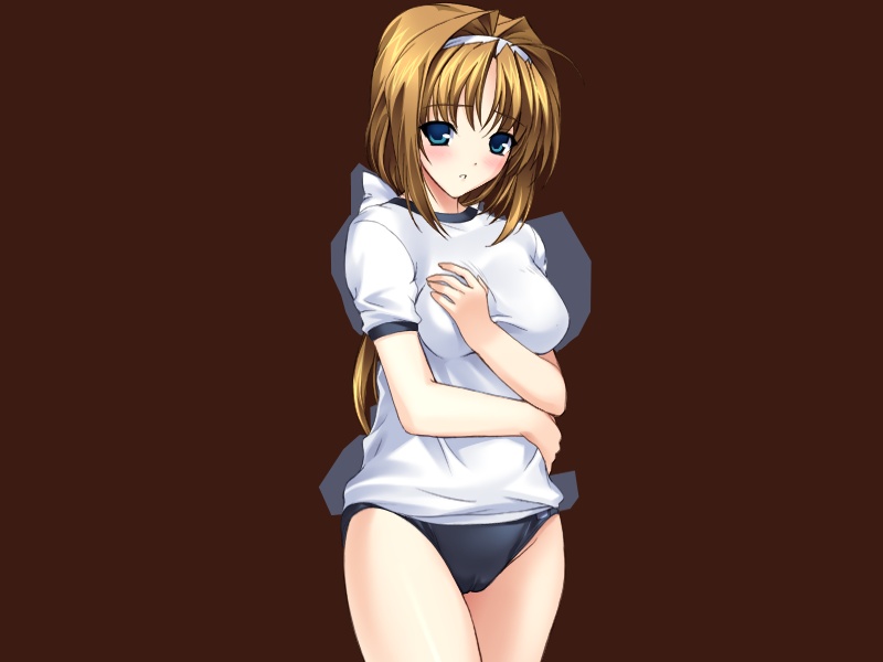 onigirikun, takamori haruka, choukou (alicesoft), choukou sennin haruka, breast hold, game cg, 00s, 1girl, blue eyes, blush, breasts, brown hair, buruma, cameltoe, female focus, gym uniform, hairband, headband, long hair, simple background, solo