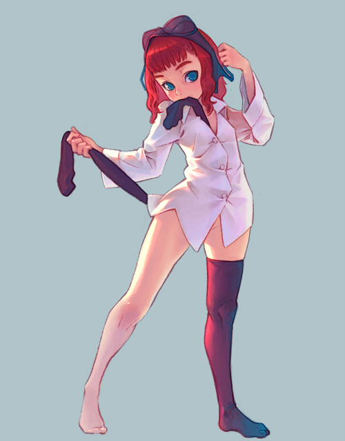 asymmetrical clothes, barefoot, no panties, red hair, shirt, single thighhigh, socks, solo, thighhighs, white shirt