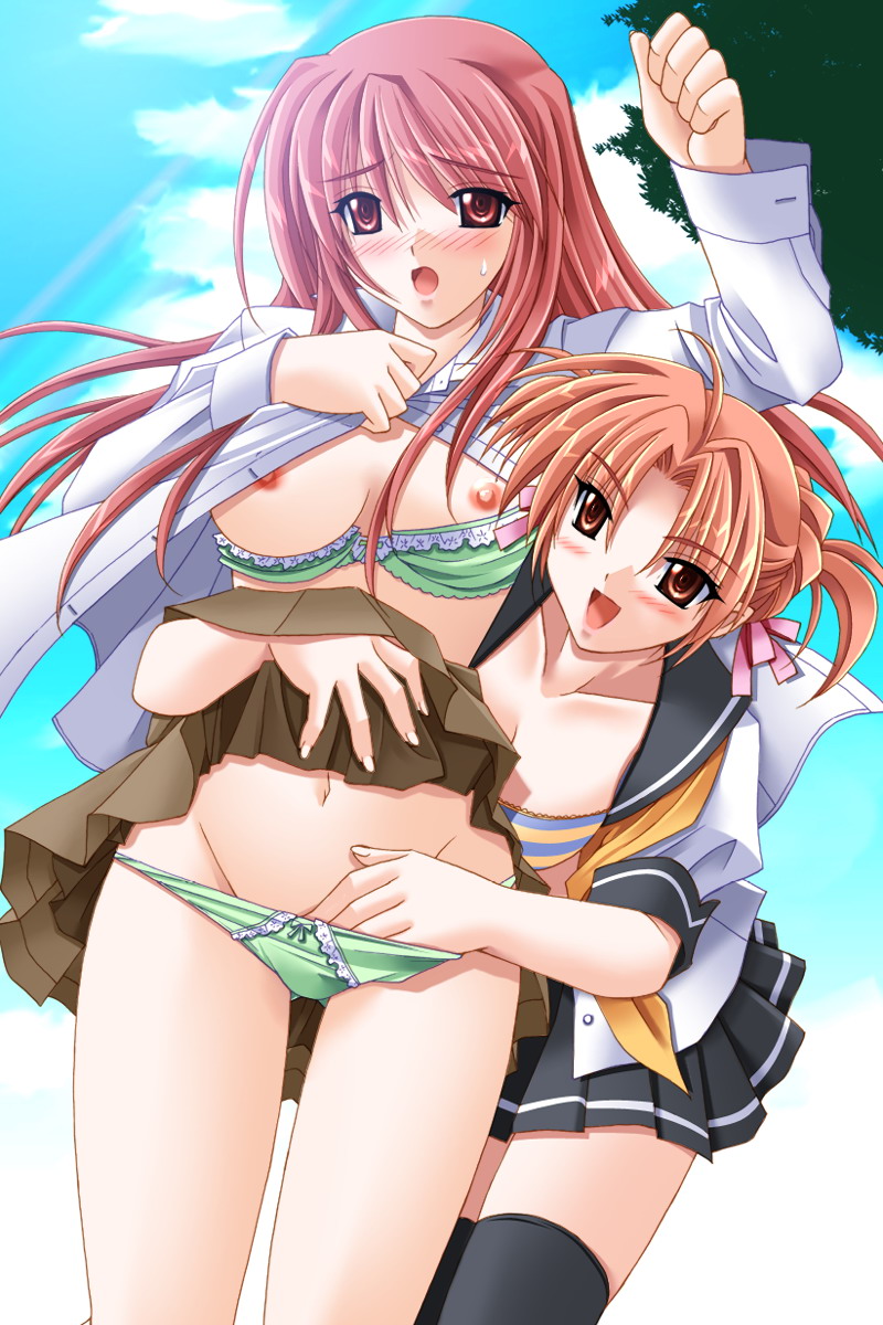 highres, 2girls, blush, bra, breasts, brown eyes, brown hair, clothes lift, large breasts, lingerie, multiple girls, open clothes, open shirt, panties, red eyes, red hair, school uniform, serafuku, shirt, shirt lift, striped bra, striped clothes, thighhighs, underwear, yuri
