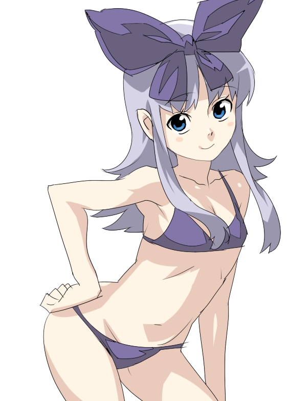 poporon, coopa, druaga no tou, 1girl, bikini, blue eyes, blush, female focus, flat chest, grey hair, hair ribbon, long hair, purple bikini, ribbon, smile, solo, swimsuit