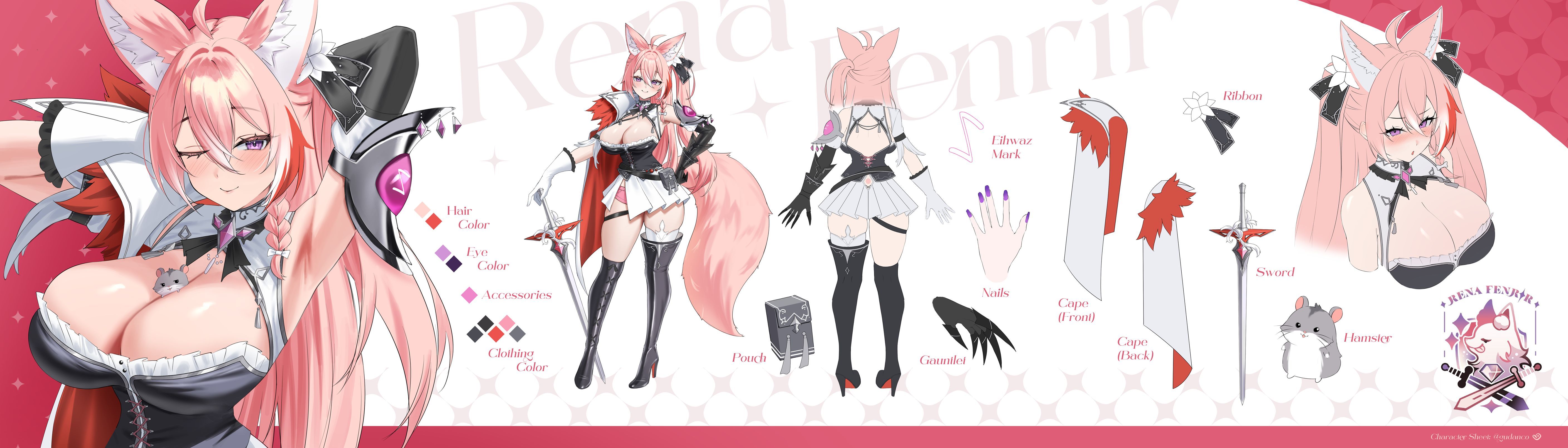 gudanco (nyanmeowzer), indie virtual youtuber, absurdres, highres, second-party source, 1girl, animal ear fluff, animal ears, armpits, arms behind head, black boots, black ribbon, blush, boots, braid, breasts, cape, character name, cleavage, closed mouth, color guide, gauntlets, hair between eyes, hair ribbon, hamster, high heel boots, high heels, holding, holding sword, holding weapon, large breasts, long hair, one eye closed, pink hair, pleated skirt, pouch, purple eyes, purple nails, reference sheet, rena fenrir, ribbon, skirt, smile, sword, tail, thigh boots, twitter username, virtual youtuber, weapon, white cape, white skirt, wolf ears, wolf girl, wolf tail