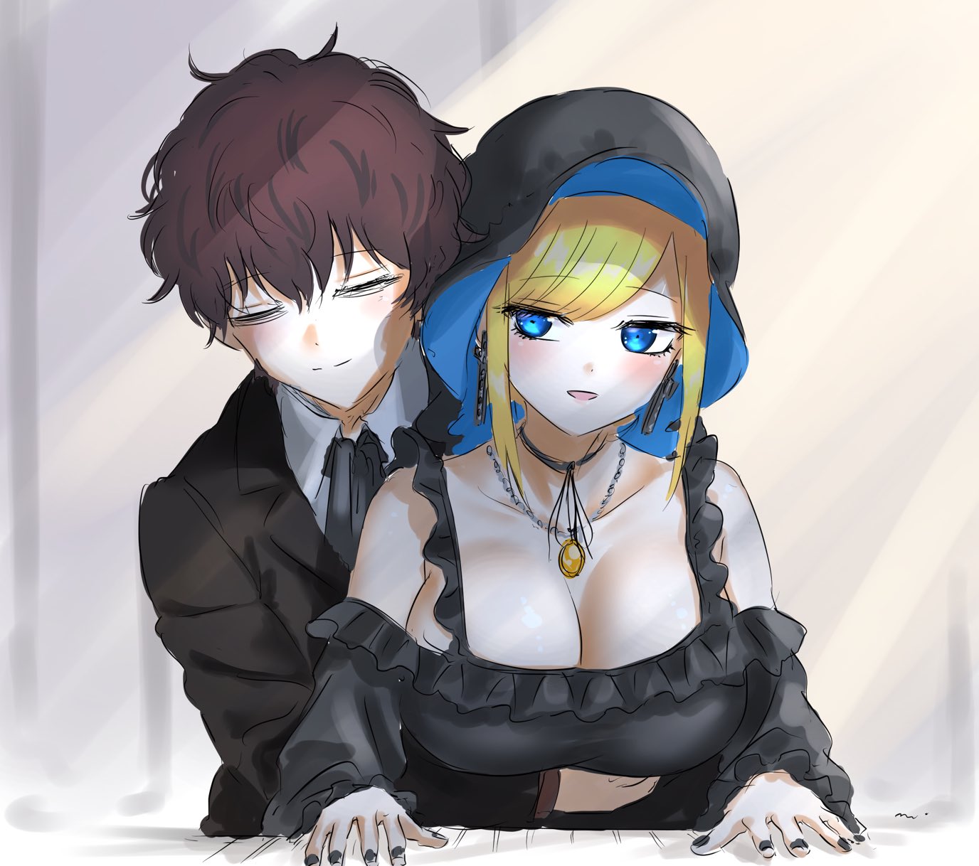 mitsugu, alice lendrott, bocchan (shinigami bocchan to kuro maid), shinigami bocchan to kuro maid, commentary request, highres, 1boy, 1girl, bare shoulders, black dress, black jacket, black nails, black suit, black veil, blonde hair, blue eyes, breasts, brown hair, choker, cleavage, closed eyes, closed mouth, collarbone, couple, cross, cross earrings, dress, earrings, formal clothes, hetero, hug, hug from behind, jacket, jewelry, large breasts, locket, necklace, no headwear, open mouth, pendant, ribbon choker, short hair, sidelocks, smile, suit, suit jacket, swept bangs, veil
