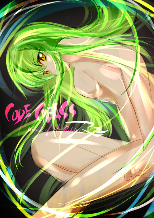 g-ist, nazo kichi, c.c., code geass, 00s, 1girl, breasts, completely nude, convenient censoring, female focus, green hair, hair censor, large breasts, long hair, looking at viewer, nude, solo, very long hair, yellow eyes