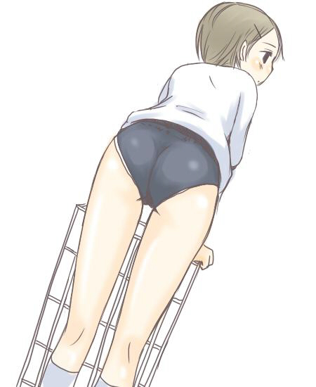 hebi hachi, ass, back, bent over, blush, brown hair, buruma, gym uniform, short hair, solo