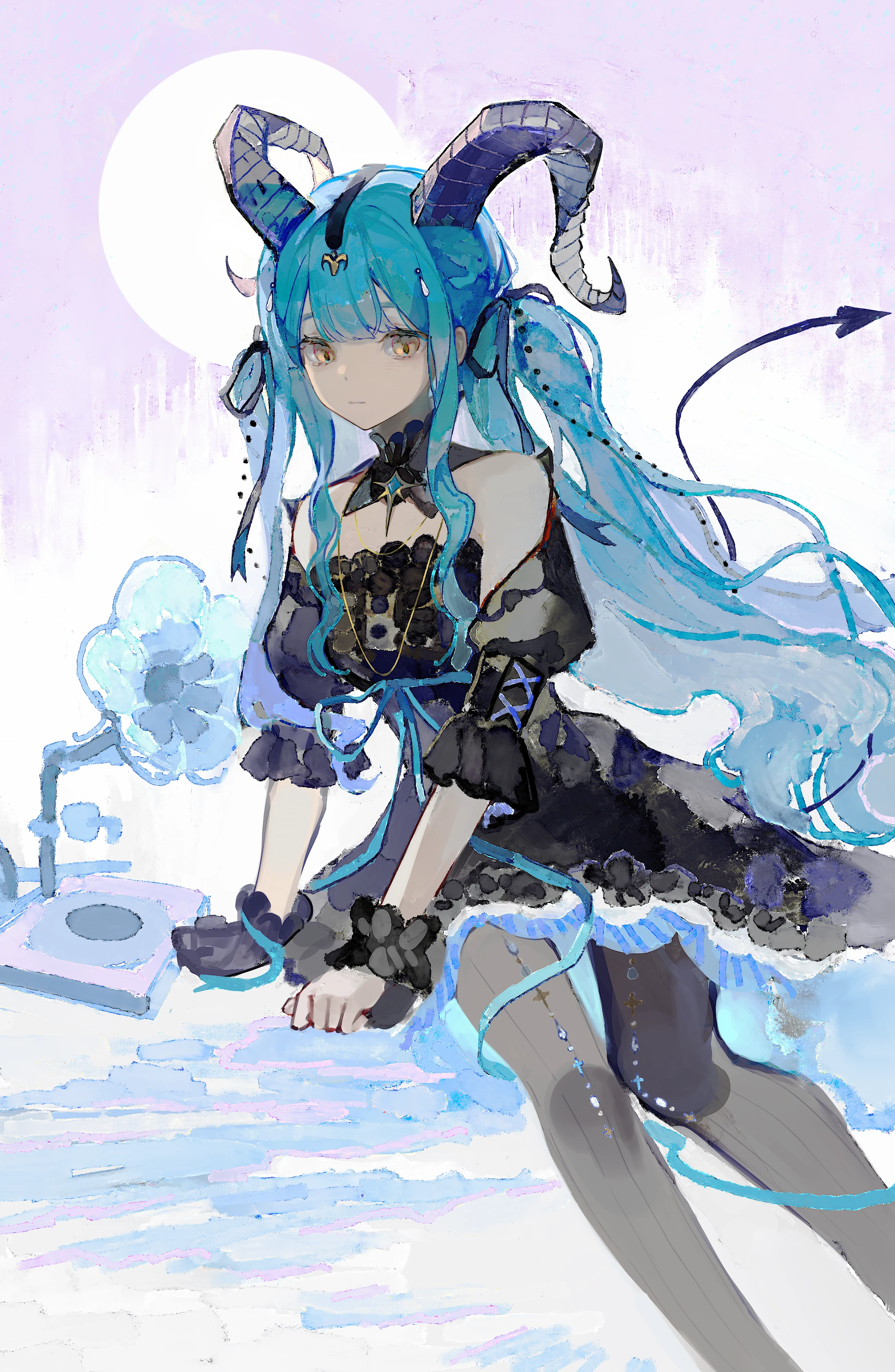 yezhi dun luobei, togawa sakiko, arknights, bang dream!, bang dream! it's mygo!!!!!, absurdres, highres, 1girl, bare shoulders, black dress, black gloves, black horns, black pantyhose, black ribbon, black tail, blue hair, closed mouth, curled horns, demon tail, detached collar, dress, feet out of frame, gloves, hair ribbon, horns, long hair, looking at viewer, official alternate costume, pantyhose, phonograph, ribbon, sidelocks, single glove, sitting, solo, tail, togawa sakiko (master of melodia), two side up, wrist cuffs, yellow eyes