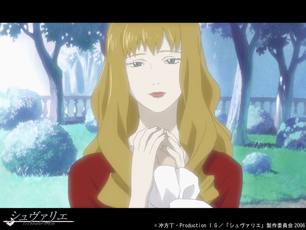 lia de beaumont, le chevalier d'eon, 1girl, :o, blonde hair, blue eyes, dress, female focus, fence, garden, grass, letterboxed, long hair, looking at viewer, open mouth, plant, red dress, solo, tree, upper body, very long hair