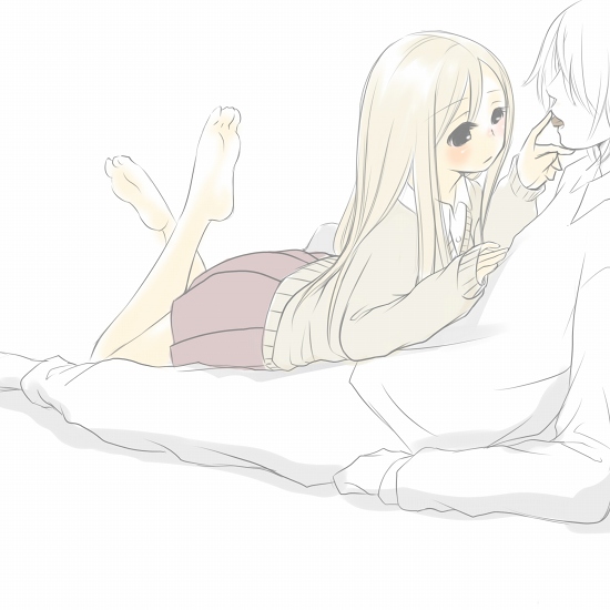 hebi hachi, barefoot, blonde hair, blush, eating, feet, long hair, sketch, skirt, soles, sweater, tongue