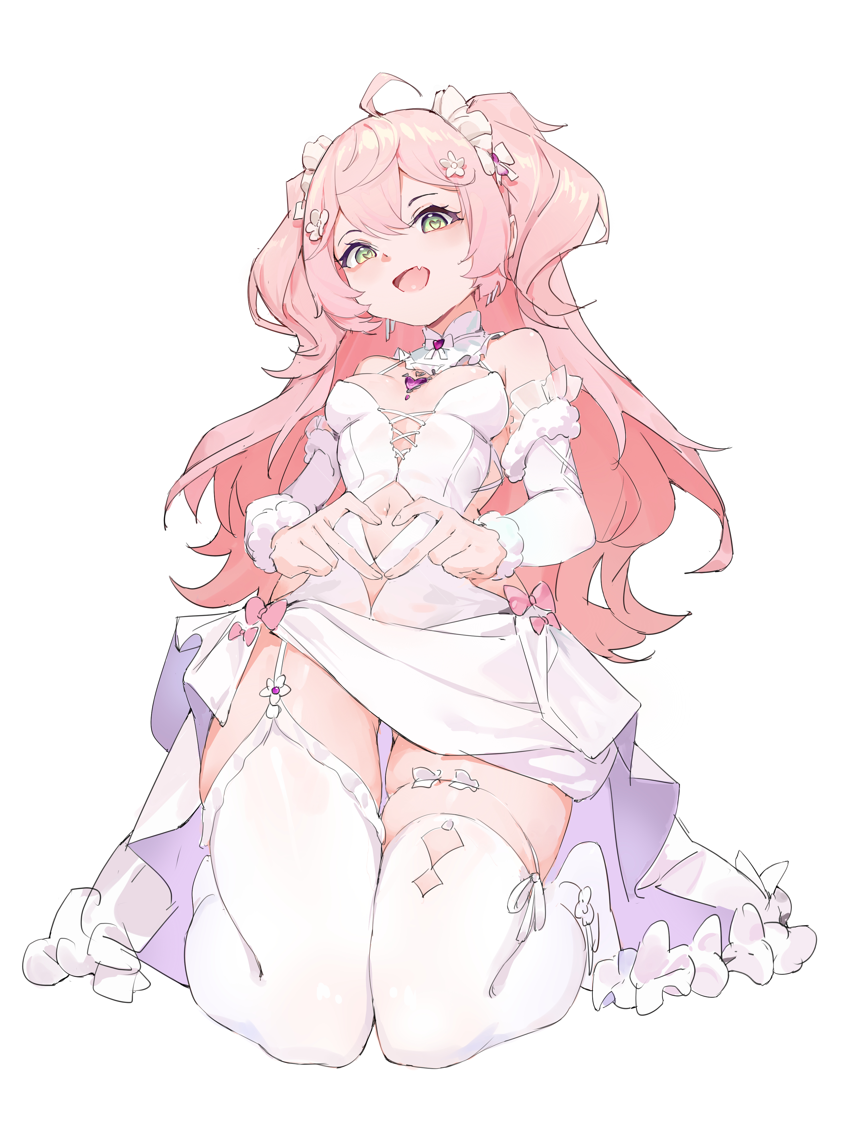 shouwang, original, absurdres, highres, 1girl, dress, green eyes, heart, heart-shaped pupils, heart hands, pantyhose, pink hair, solo, symbol-shaped pupils, twintails, virtual youtuber, white dress, white pantyhose