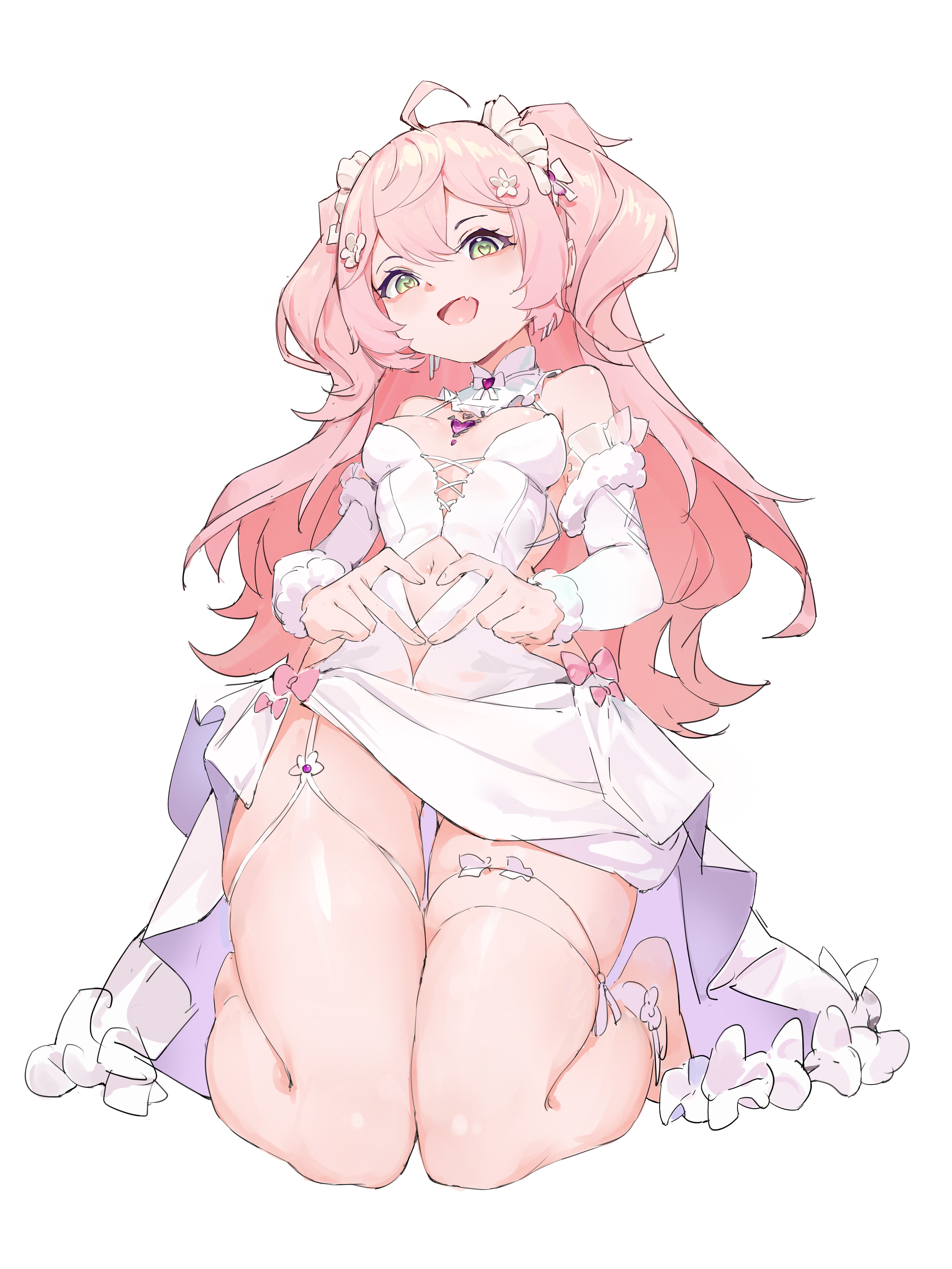 shouwang, original, absurdres, highres, 1girl, dress, green eyes, heart, heart-shaped pupils, heart hands, pantyhose, pink hair, solo, symbol-shaped pupils, twintails, virtual youtuber, white dress, white pantyhose