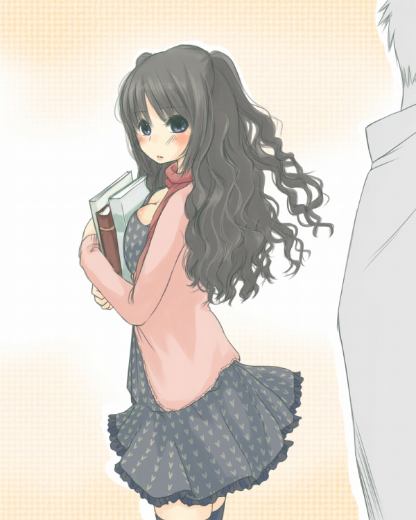 hebi hachi, original, 1girl, blue eyes, blush, book, breast press, breasts, cardigan, cleavage, curly hair, dress, long hair, scarf, skirt, solo focus, thighhighs