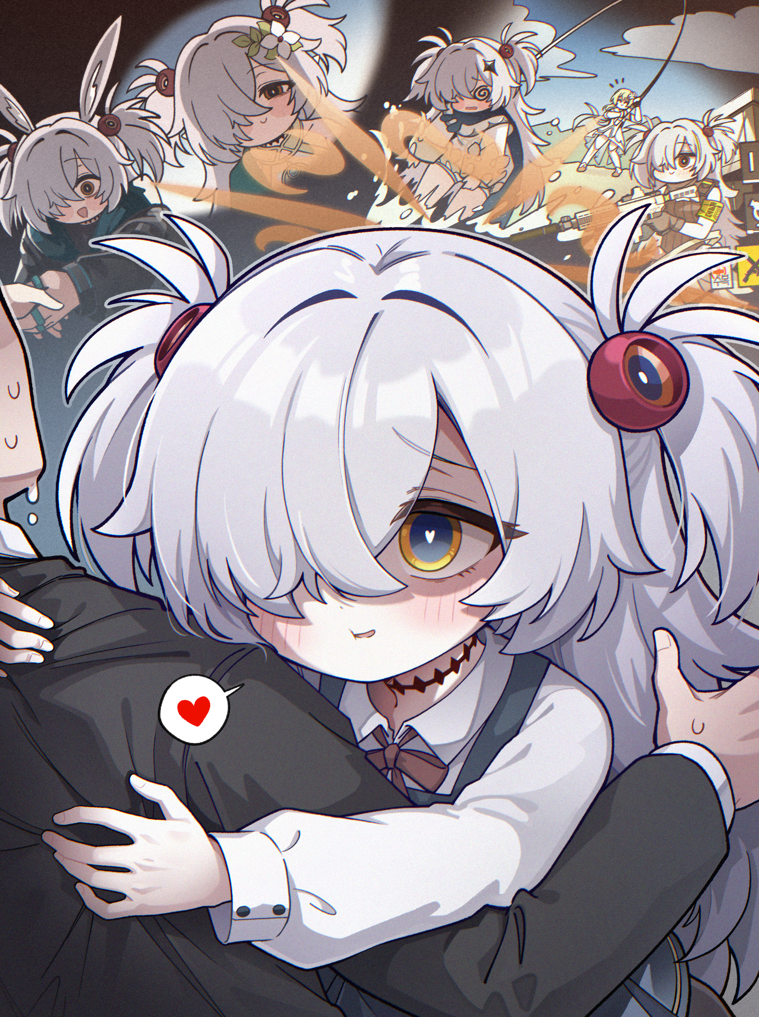 golmonggu, amiya (arknights), kanoe (blue archive), kokkoro (princess connect!), lumine (genshin impact), paimon (genshin impact), sensei (blue archive), arknights, blue archive, genshin impact, princess connect!, absurdres, commentary, costume request, highres, korean commentary, 1boy, 2girls, @ @, amiya (arknights) (cosplay), animal ears, blush, brown halo, cosplay, fishing rod, grey hair, hair over one eye, halo, heart, heart-shaped pupils, holding, holding fishing rod, jewelry, kokkoro (princess connect!) (cosplay), long hair, multiple girls, multiple rings, paimon (genshin impact) (cosplay), ring, shirt, spoken heart, symbol-shaped pupils, two side up, white shirt, yellow eyes