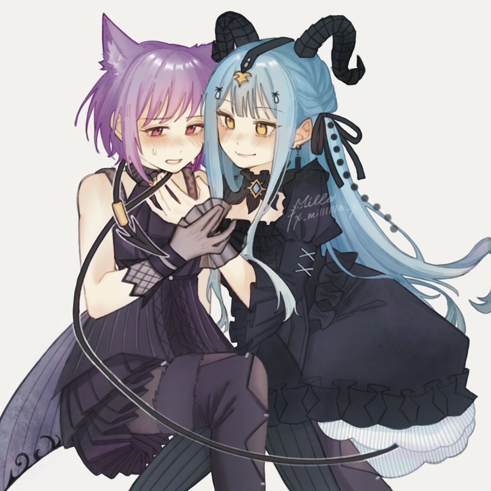 1xing yue, togawa sakiko, yuutenji nyamu, arknights, bang dream!, bang dream! it's mygo!!!!!, commentary request, 2girls, animal ears, bare arms, black dress, black ribbon, blue hair, blush, cat ears, cat tail, closed mouth, demon girl, demon horns, demon tail, dress, earrings, hair ribbon, holding another's wrist, horns, jewelry, leg between thighs, long hair, long sleeves, multiple girls, official alternate costume, purple eyes, purple hair, ribbon, short hair, simple background, smile, sweat, tail, tail around neck, togawa sakiko (master of melodia), two side up, white background, yellow eyes, yuri, yuutenji nyamu (magician of passion)