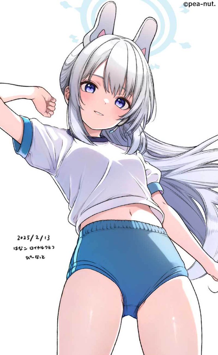 hanako (peanut), miyako (blue archive), blue archive, 1girl, animal ears, blue eyes, breasts, gym uniform, long hair, rabbit ears, simple background, small breasts, solo, standing, white background, white hair