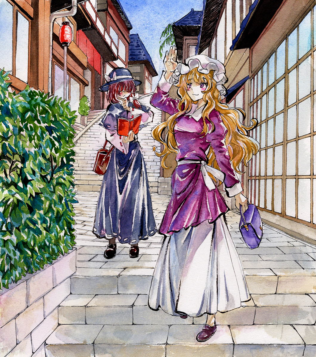 kabaji, maribel hearn, usami renko, touhou, highres, traditional media, 2girls, bag, black capelet, black skirt, blonde hair, blush, book, bow, brown hair, capelet, city, collar, day, dress, fedora, hair ribbon, hand up, hat, hat bow, holding, holding bag, holding book, kyoto, lantern, long hair, long skirt, mob cap, multiple girls, pavement, purple dress, purple eyes, ribbon, sash, shirt, shoes, skirt, walking, white collar, white shirt, white skirt