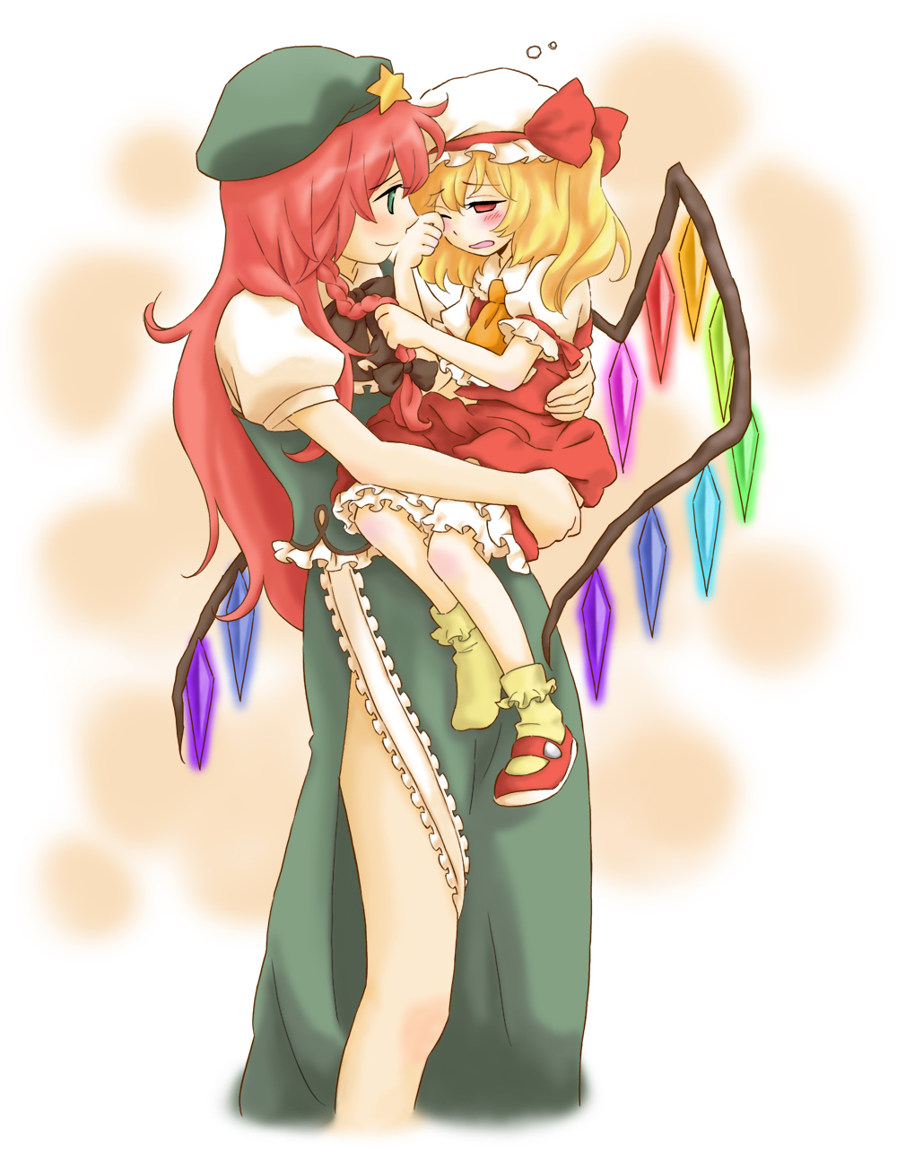 arata iri, flandre scarlet, hong meiling, embodiment of scarlet devil, touhou, bad id, bad pixiv id, highres, 2girls, blue eyes, blush, china dress, chinese clothes, dress, female focus, hat, mob cap, multiple girls, red hair, ribbon, shoes, single shoe, sleepy, wings