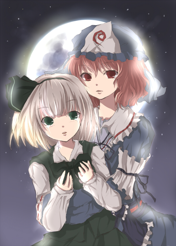 tetsuo (tashirosu), konpaku youmu, saigyouji yuyuko, touhou, bad id, bad pixiv id, 2girls, female focus, full moon, gradient background, hairband, hat, japanese clothes, kimono, moon, multiple girls, outdoors, ribbon, sky, tears