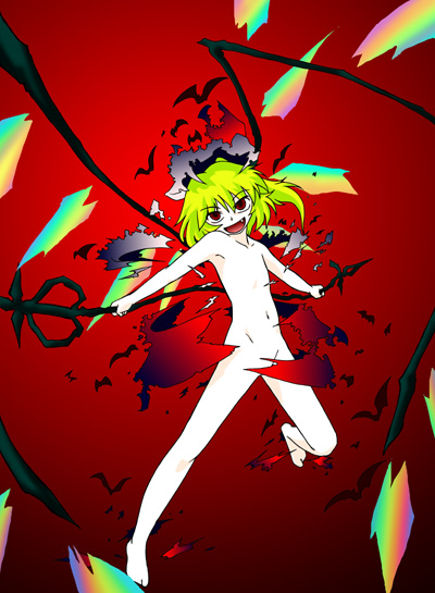 ken (ss-sword), flandre scarlet, touhou, 1girl, bat (animal), completely nude, female focus, hair between eyes, hat, loli, mob cap, nude, red background, solo, wings