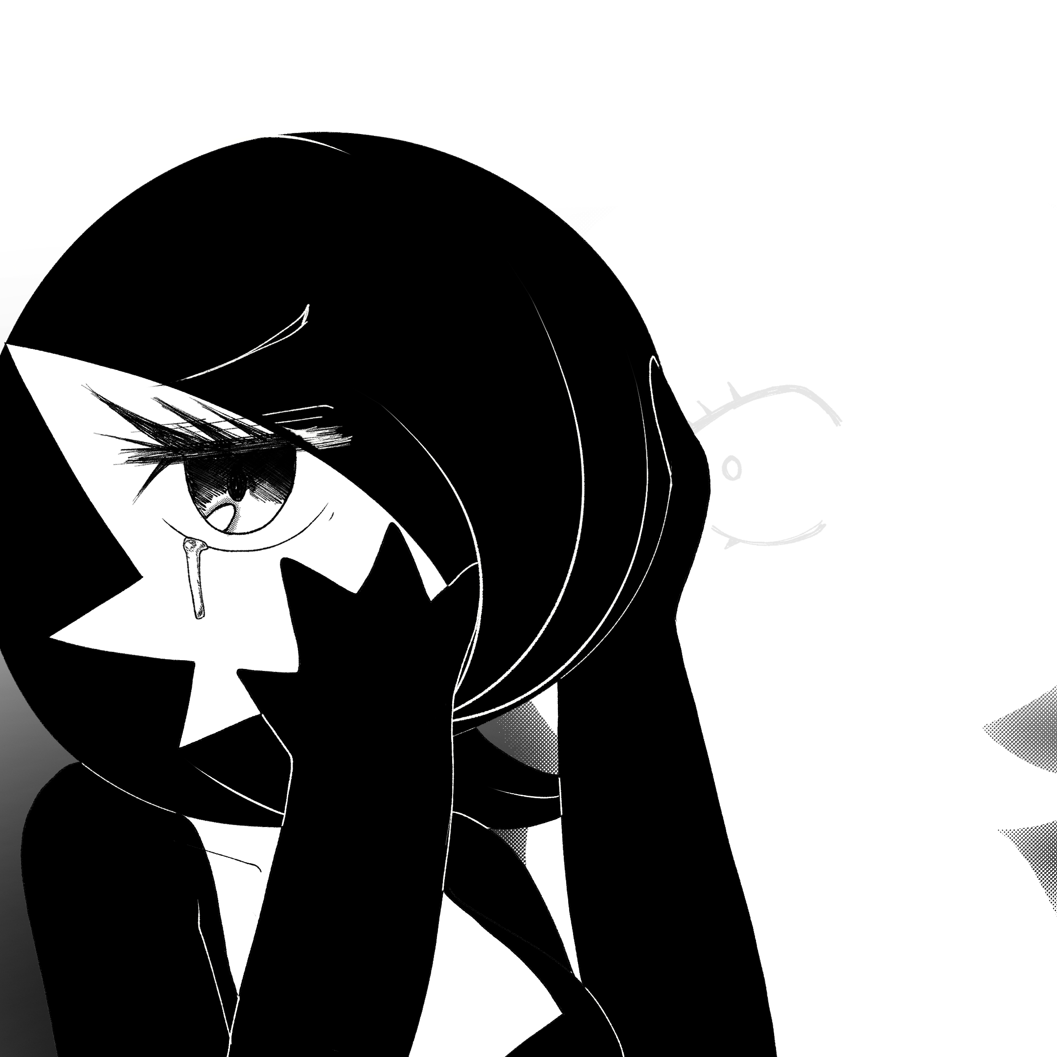 pearboy-ooh, gardevoir, nintendo, pokemon, 2girls, bob cut, breasts, collarbone, constricted pupils, crying, eyelashes, female focus, gen 3 pokemon, greyscale, hair over one eye, half-closed eyes, hands on own face, hands up, looking at viewer, medium breasts, monochrome, multiple girls, one eye covered, pokemon (creature), raised eyebrows, sad, short hair, silhouette, solo focus, tears, upper body, white background, wide-eyed