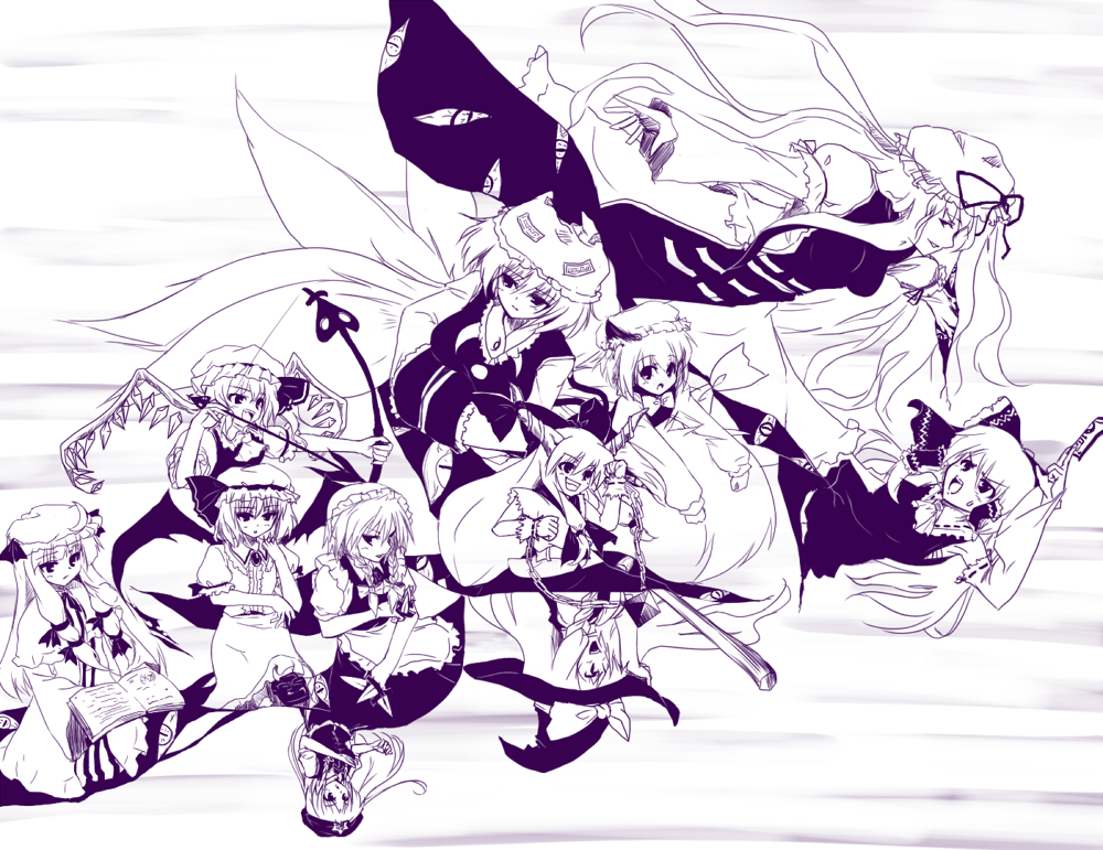 date hajime, chen, exdeath, flandre scarlet, hakurei reimu, hong meiling, ibuki suika, izayoi sakuya, kirisame marisa, neo exdeath, patchouli knowledge, remilia scarlet, yakumo ran, yakumo yukari, touhou, 6+girls, animal ears, animal hat, between fingers, book, cat ears, cat girl, cat tail, female focus, fox ears, fox tail, gap (touhou), hat, holding, horns, japanese clothes, knife, long sleeves, miko, mob cap, monochrome, multiple girls, parody, purple theme, ribbon, short hair, tail, tassel, throwing knife, weapon, wide sleeves, wings