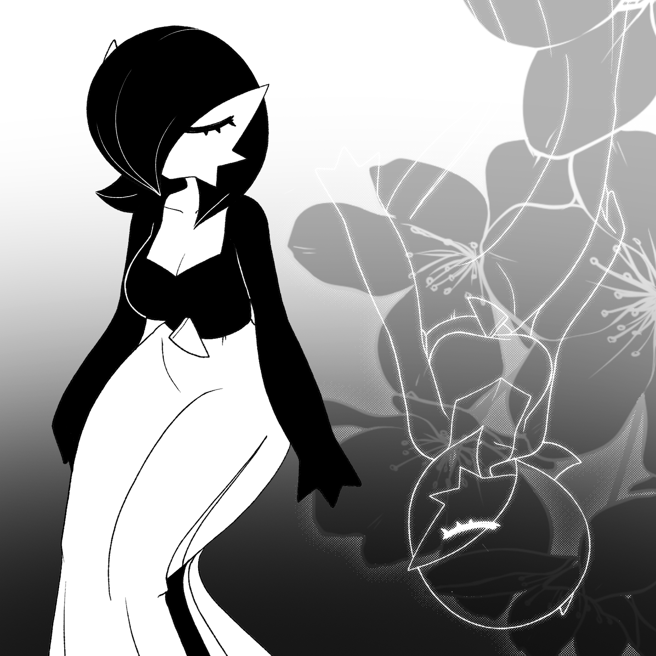 pearboy-ooh, gardevoir, nintendo, pokemon, 2girls, arms at sides, bob cut, breasts, cleavage, closed eyes, collarbone, female focus, floral background, gen 3 pokemon, gradient background, grey background, greyscale, hair over one eye, mature female, medium breasts, monochrome, multiple girls, no mouth, one eye covered, pokemon (creature), rotational symmetry, short hair, sitting, u u, wide hips