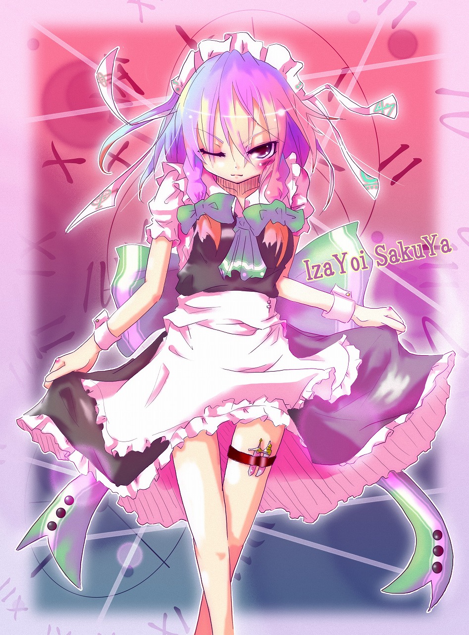mito (calcomer), izayoi sakuya, touhou, silver hair, bad id, bad pixiv id, highres, 1girl, braid, female focus, hat, knife, maid, ribbon, short hair, solo, throwing knife, twin braids, weapon