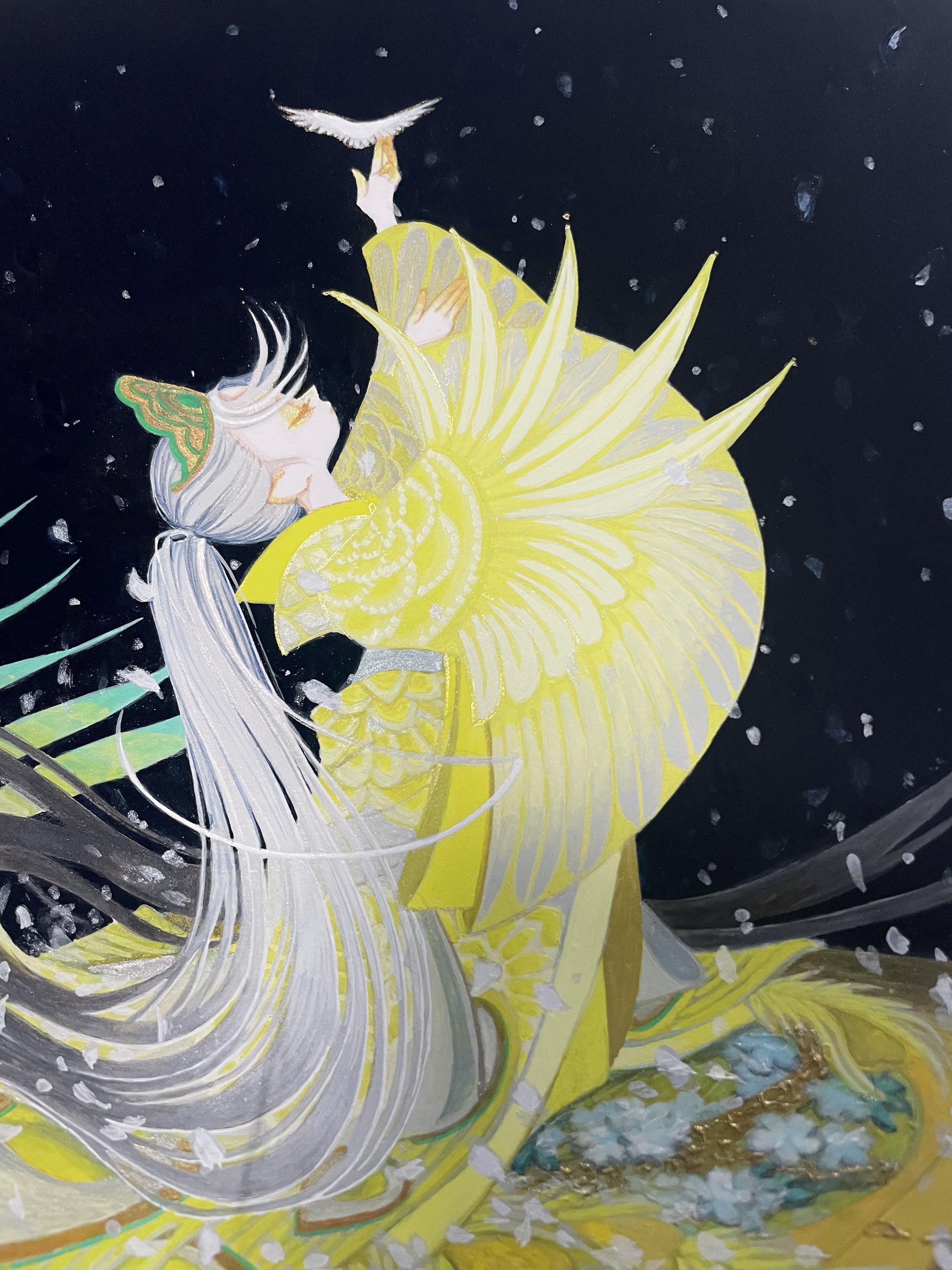 shiguretau, original, absurdres, highres, 1girl, absurdly long hair, arms up, bird, black hair, colored eyelashes, crown, eyelashes, eyeshadow, from side, gradient hair, hair ornament, japanese clothes, kimono, lips, long hair, looking up, makeup, multicolored hair, ponytail, print kimono, sidelocks, signature, simple background, solo, very long hair, white hair, wide sleeves, yellow eyeshadow, yellow kimono