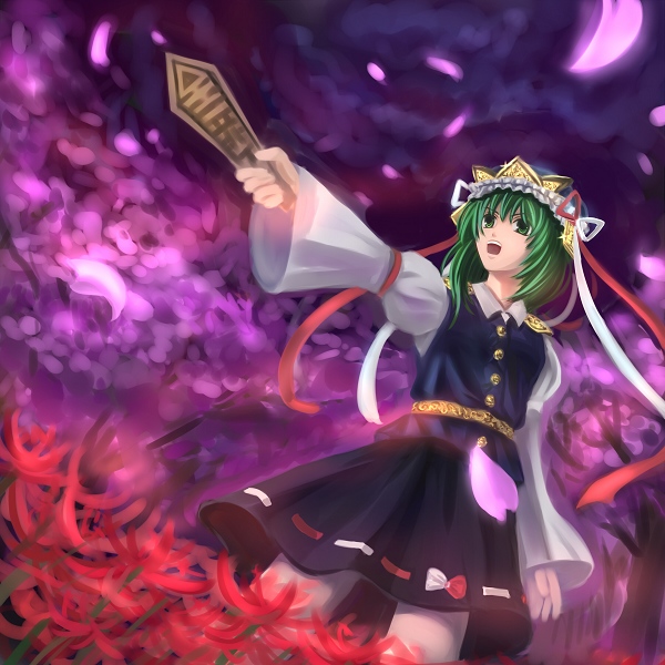 kannagara kanagi, shiki eiki, touhou, bad id, bad pixiv id, 1girl, bow, cherry blossoms, dutch angle, female focus, flower, green eyes, green hair, hat, matching hair/eyes, night, outdoors, petals, pointing, red flower, ribbon, rod of remorse, skirt, solo, spider lily, tree
