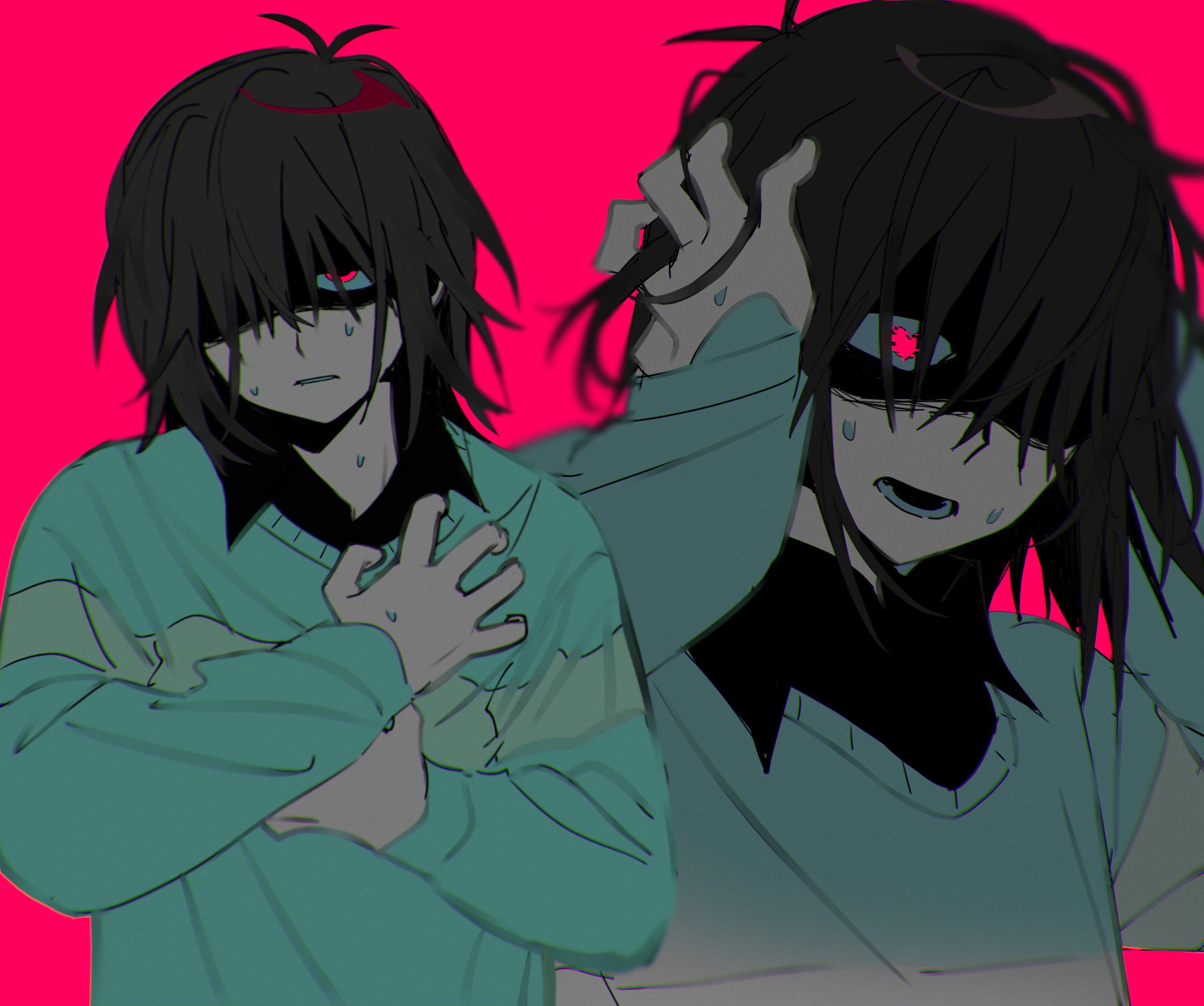 renyarrh, kris (deltarune), deltarune, utdr (toby fox), highres, 1other, green sweater, heart, heart-shaped pupils, long sleeves, other focus, red eyes, shirt, simple background, sweat, sweater, symbol-shaped pupils