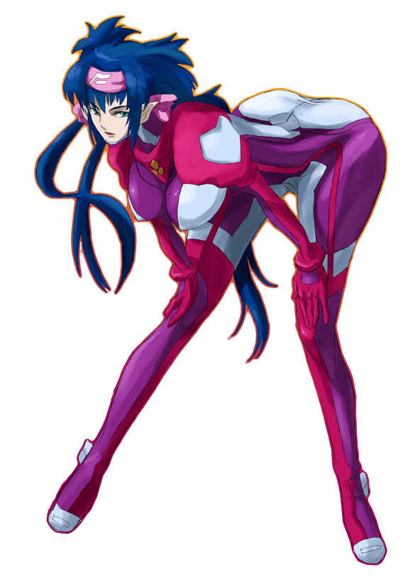 kon (kdash), klan klein, meltrandi, zentradi, macross, macross frontier, pilot suit, 00s, 1girl, :d, aged up, bent over, blue hair, bodysuit, boots, bracer, breasts, covered erect nipples, female focus, from side, full body, gloves, green eyes, hands on own knees, hanging breasts, impossible bodysuit, impossible clothes, large breasts, long hair, looking at viewer, open mouth, outline, pointy ears, puffy sleeves, purple bodysuit, purple boots, sidelocks, simple background, skin tight, smile, solo, spandex, spread legs, standing, taut clothes, turtleneck, twintails, very long hair, white background