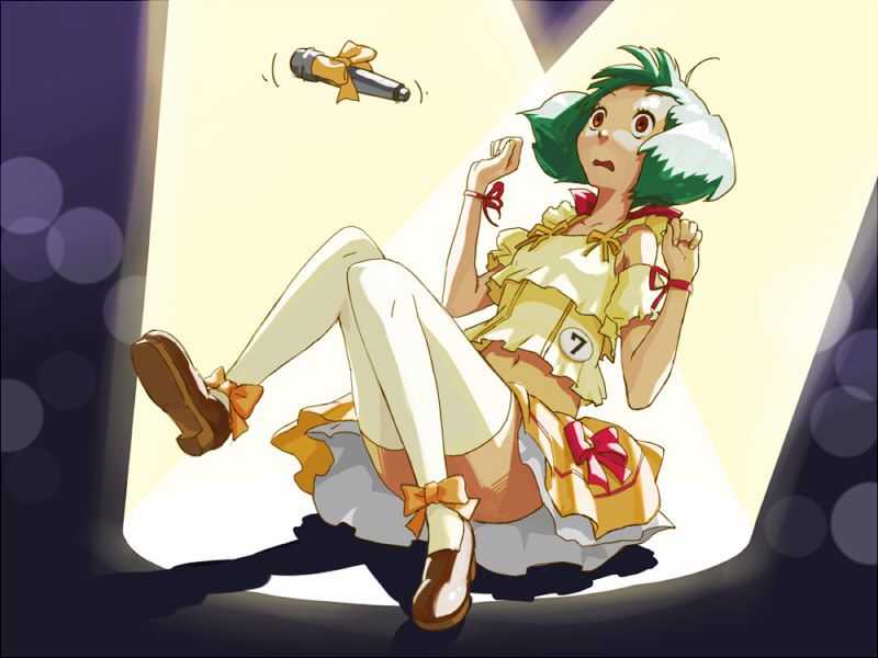 ranka lee, macross, macross frontier, 00s, 1girl, ahoge, ankle ribbon, bare shoulders, blouse, blurry, bokeh, bow, brown eyes, brown shoes, collarbone, crop top, depth of field, eyelashes, falling, female focus, flat chest, frilled shirt, frills, full body, green hair, hands up, knees together feet apart, leg ribbon, microphone, midriff, navel, petticoat, red bow, red ribbon, ribbon, shadow, shirt, shoes, short hair, short sleeves, skirt, solo, surprised, thighhighs, white thighhighs, wide-eyed, yellow bow, yellow shirt, yellow skirt