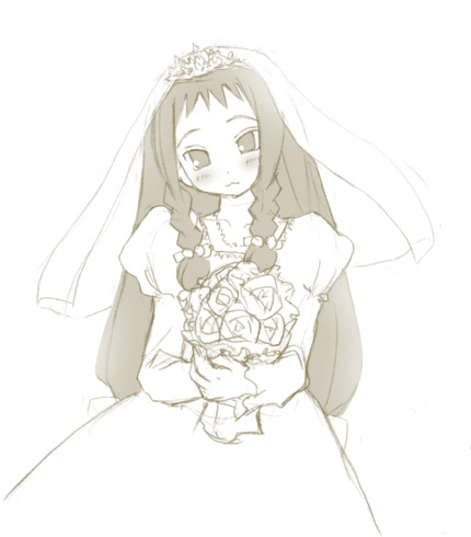 kasuga yukihito, ayase yue, mahou sensei negima!, lowres, 00s, :3, bride, dress, solo, wedding dress