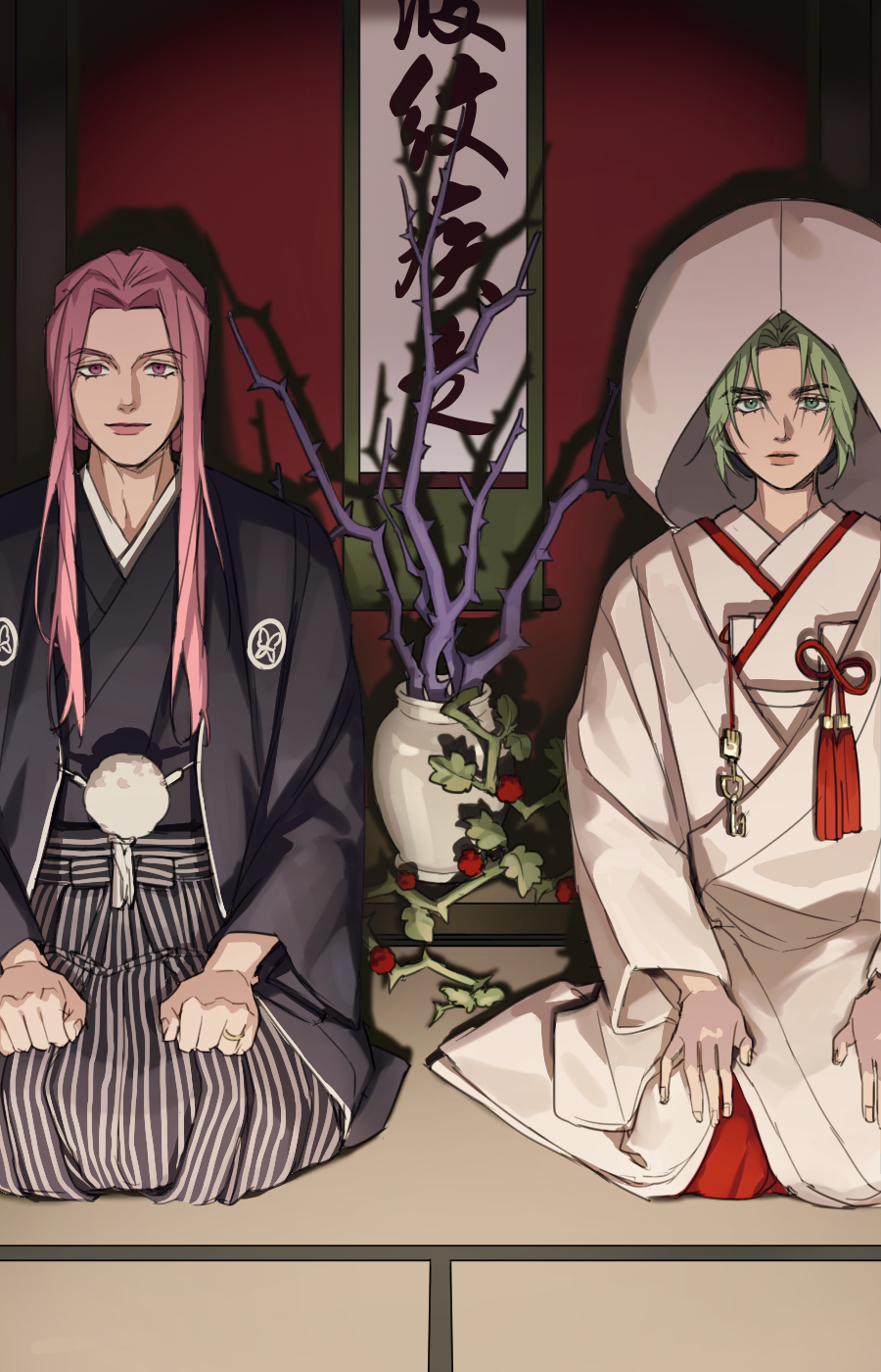 moonnacorn, kuujou jolyne, narciso anasui, jojo no kimyou na bouken, stone ocean, commentary request, highres, korean commentary, 1boy, 1girl, alternate costume, black kimono, flower knot, fusuma, green eyes, green hair, hakama, hakama pants, haori, indoors, japanese clothes, jewelry, kimono, long bangs, long hair, looking at viewer, male focus, pants, parted bangs, pink eyes, pink hair, plant, potted plant, ring, seiza, short hair, sidelocks, sitting, sliding doors, smile, tassel, tatami, uchikake, vase, wataboushi, wedding, white kimono