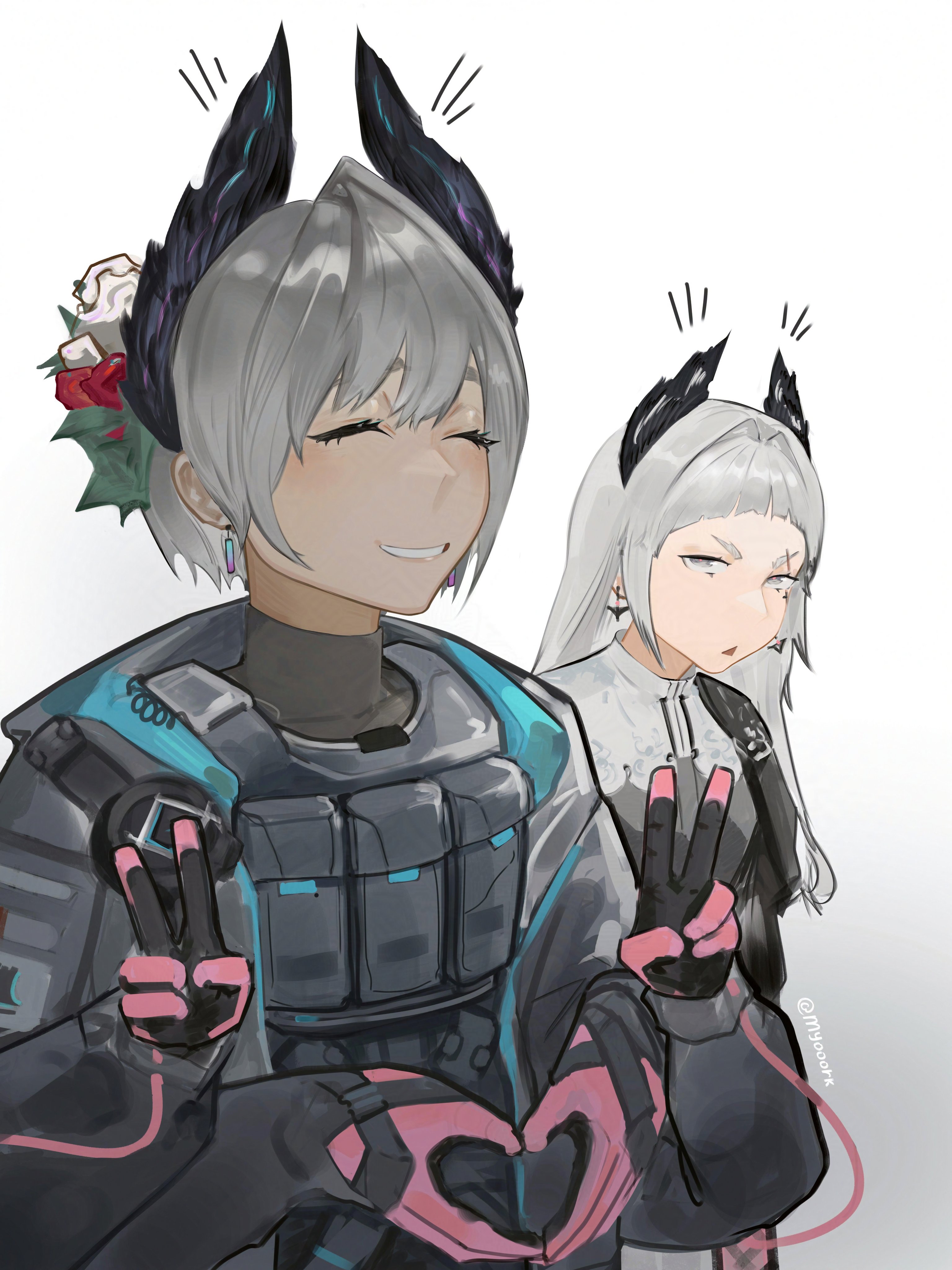 myooork, irene (arknights), raidian (arknights), arknights, absurdres, commentary, highres, 2girls, black feathers, black gloves, cable, cross scar, dark-skinned female, dark skin, double v, earrings, extra arms, feathers, gloves, grey eyes, grey hair, head wings, heart, heart hands, jewelry, long hair, long sleeves, multiple girls, pink gloves, scar, scar across eye, scar on face, short hair, simple background, smile, two-tone gloves, v, white background, wings