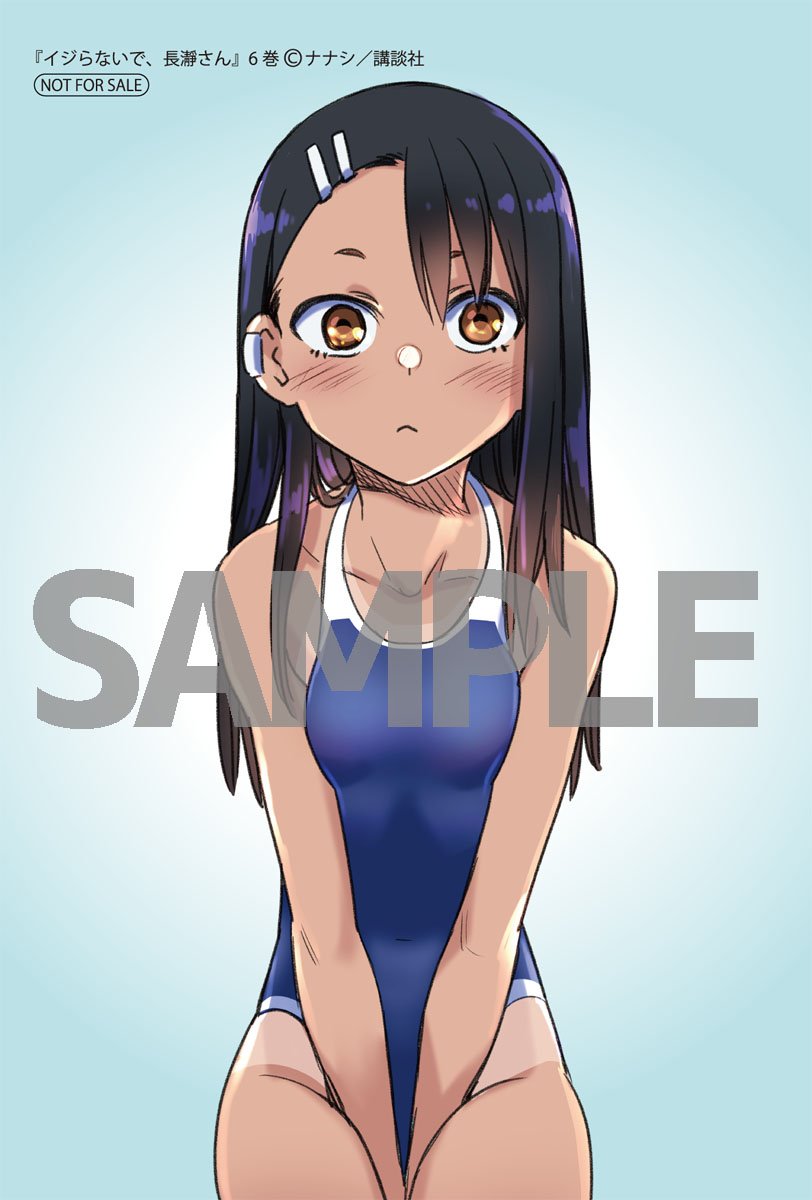 774 (nanashi), nagatoro hayase, ijiranaide nagatoro-san, highres, official art, 1girl, aqua background, black hair, blue one-piece swimsuit, breasts, brown eyes, closed mouth, competition school swimsuit, earrings, jewelry, long hair, looking at viewer, one-piece swimsuit, one-piece tan, sample watermark, school swimsuit, single earring, small breasts, solo, swimsuit, tan, tanline, watermark