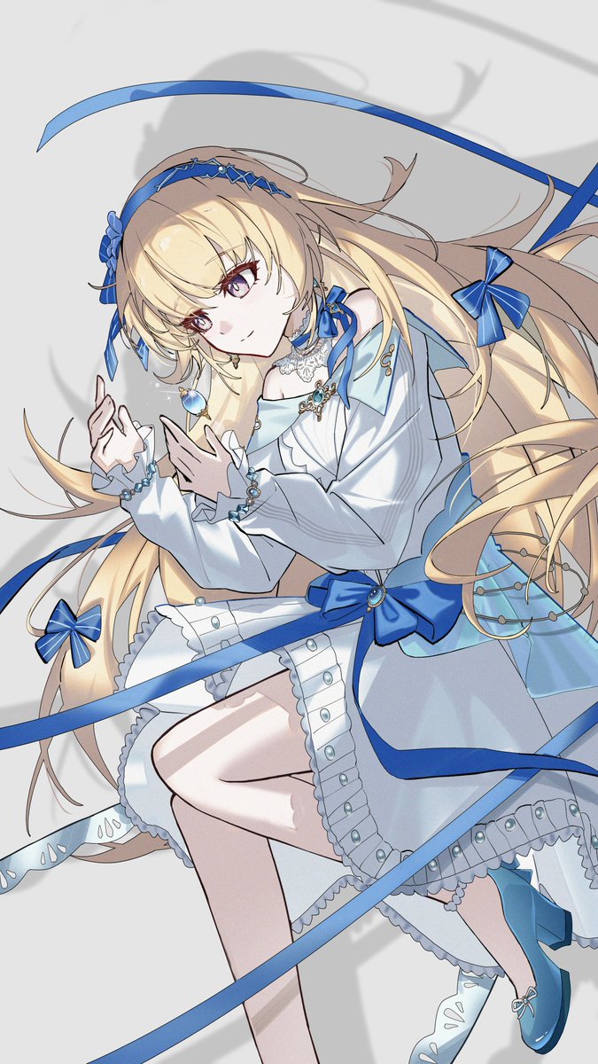 rena (rena emc2), phoebe (wuthering waves), wuthering waves, commentary, highres, 1girl, bare shoulders, blue bow, blue hairband, blue shoes, bow, breasts, closed mouth, dress, foot out of frame, hairband, hands up, high heels, looking at object, medium breasts, off-shoulder dress, off shoulder, official alternate costume, purple eyes, shadow, shoes, smile, solo, white dress