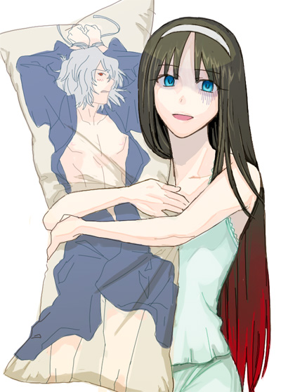 kuroi nyan, tohno akiha, tohno shiki (2), tsukihime, 00s, 1girl, dakimakura (object), female focus, hug, hugging object, japanese clothes, multicolored hair, open clothes, open mouth, pajamas, pillow, pillow hug, red eyes, short hair, solo, white hair