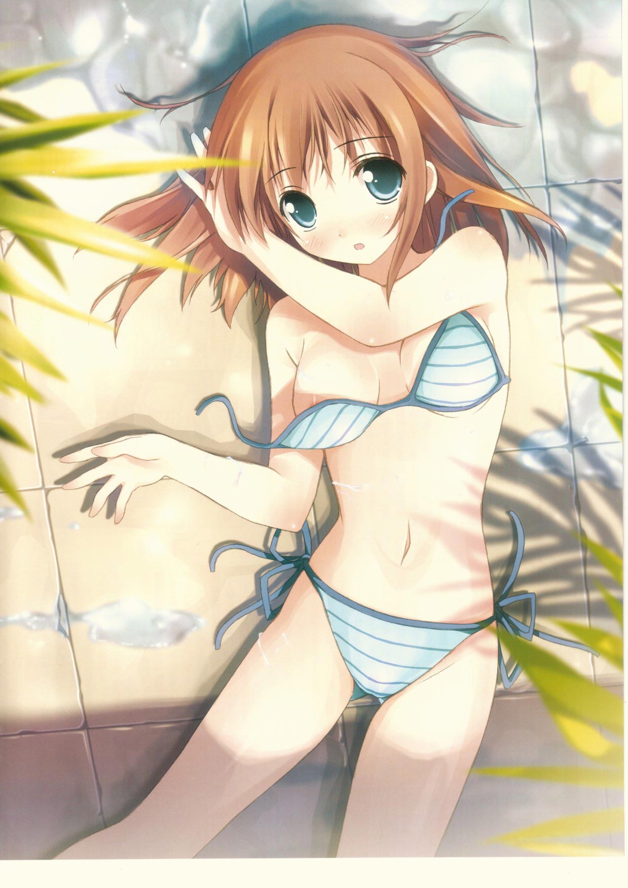 kantoku, highres, 1girl, bikini, blush, breasts, brown hair, female focus, green eyes, lying, side-tie bikini bottom, solo, striped bikini, striped clothes, swimsuit, untied bikini