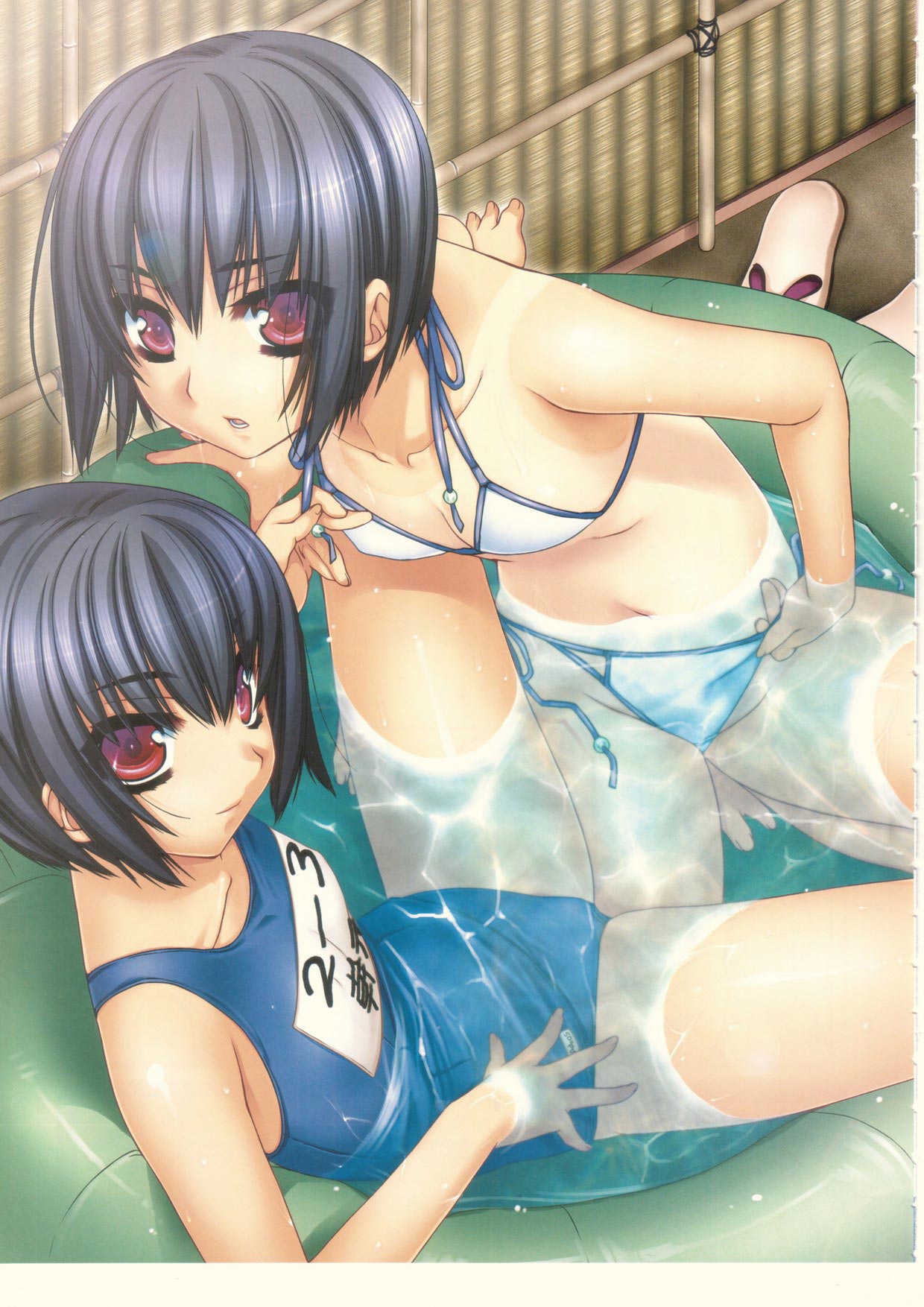highres, 2girls, bikini, black hair, flat chest, multiple girls, name tag, one-piece swimsuit, red eyes, school swimsuit, short hair, side-tie bikini bottom, swimsuit, wet