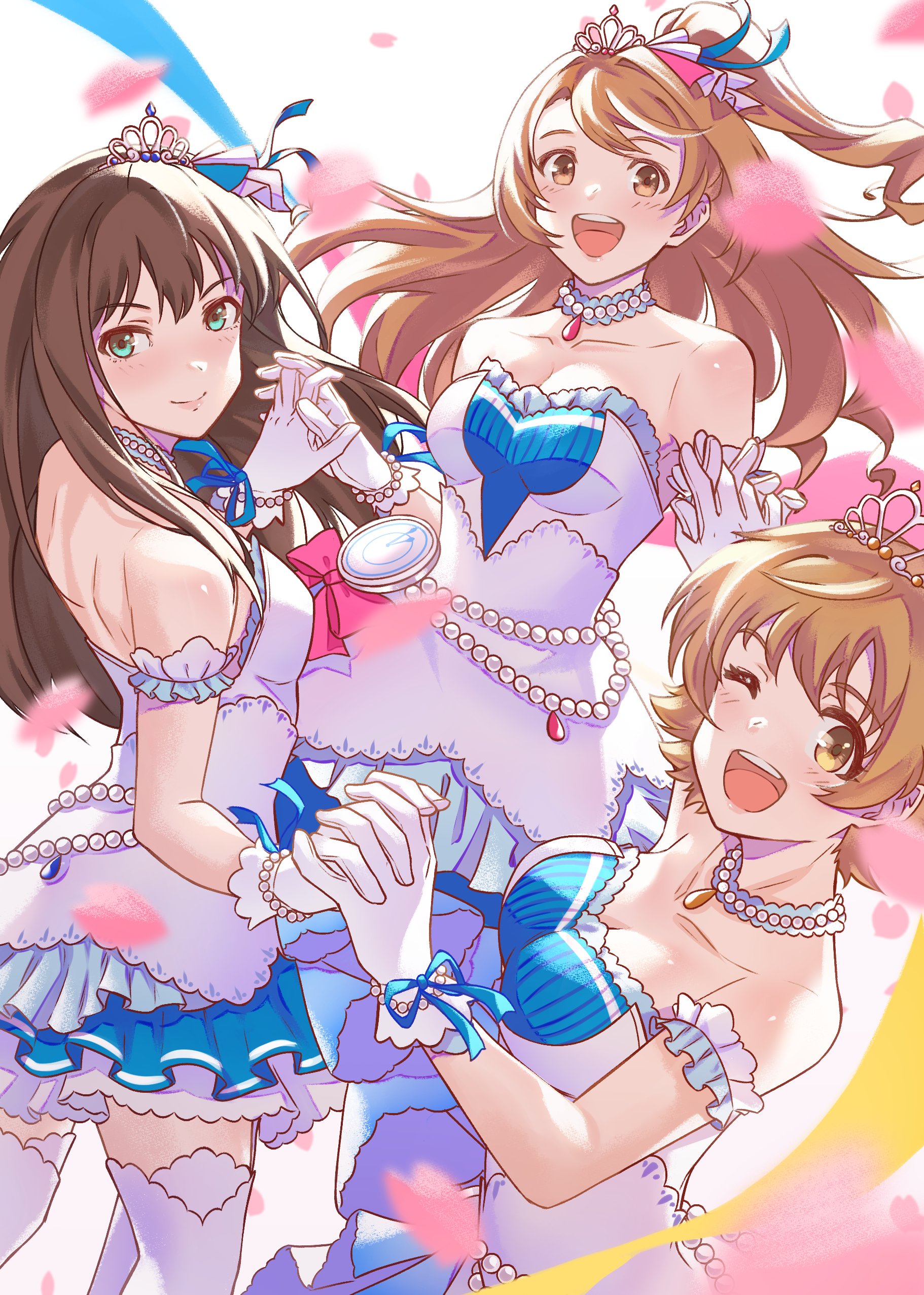 wanderstillart, honda mio, shibuya rin, shimamura uzuki, idolmaster, idolmaster cinderella girls, idolmaster cinderella girls starlight stage, absurdres, highres, back, blush, breasts, brown eyes, brown hair, green eyes, idol, long hair, looking at viewer, medium breasts, open mouth, short hair, small breasts, smile, standing, starry sky bright (idolmaster)