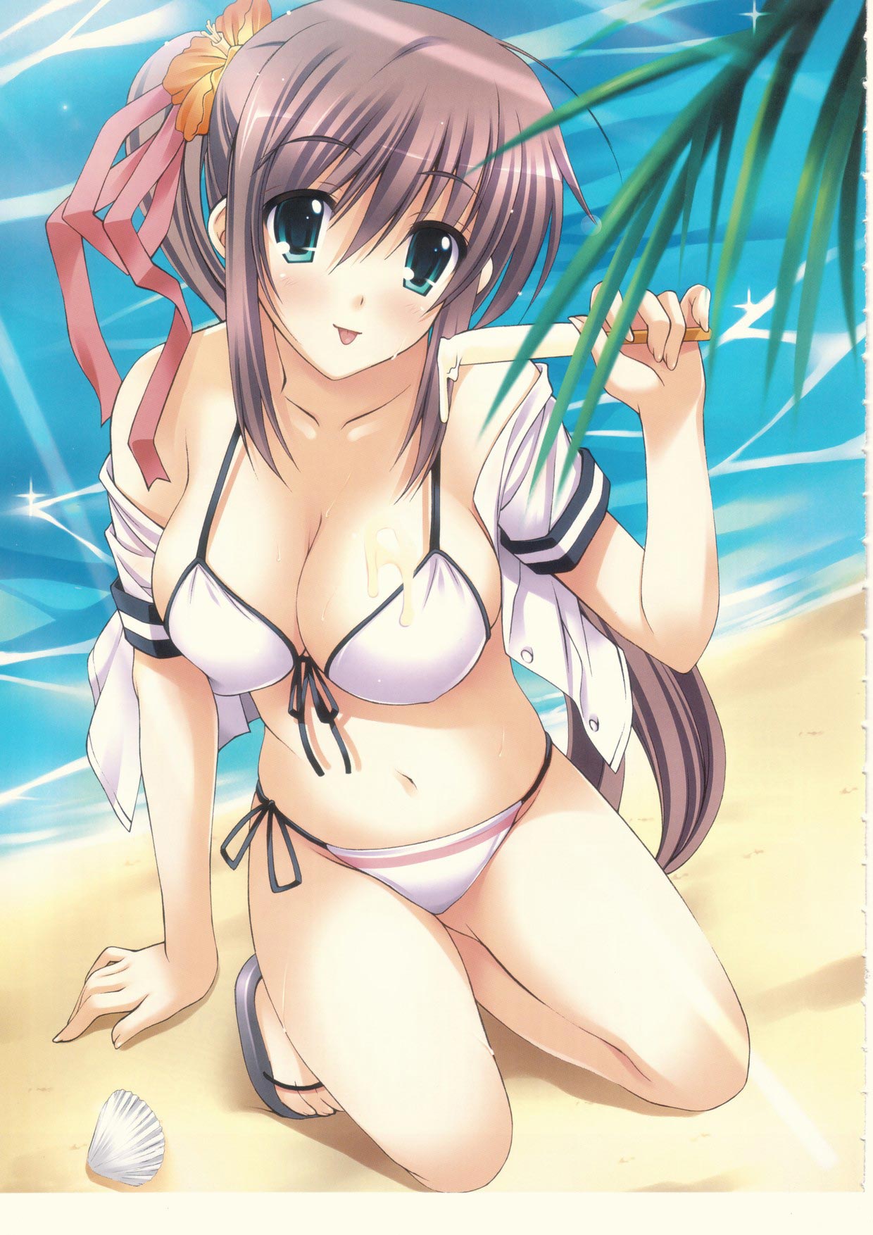 mizuhara yuu, nagase minato, akane-iro ni somaru saka, messy, highres, 1girl, :p, bare shoulders, beach, bikini, breasts, brown hair, cleavage, female focus, flower, food, green eyes, hair flower, hair ornament, hibiscus, large breasts, long hair, popsicle, school uniform, serafuku, side-tie bikini bottom, side ponytail, solo, swimsuit, tongue, tongue out, white bikini