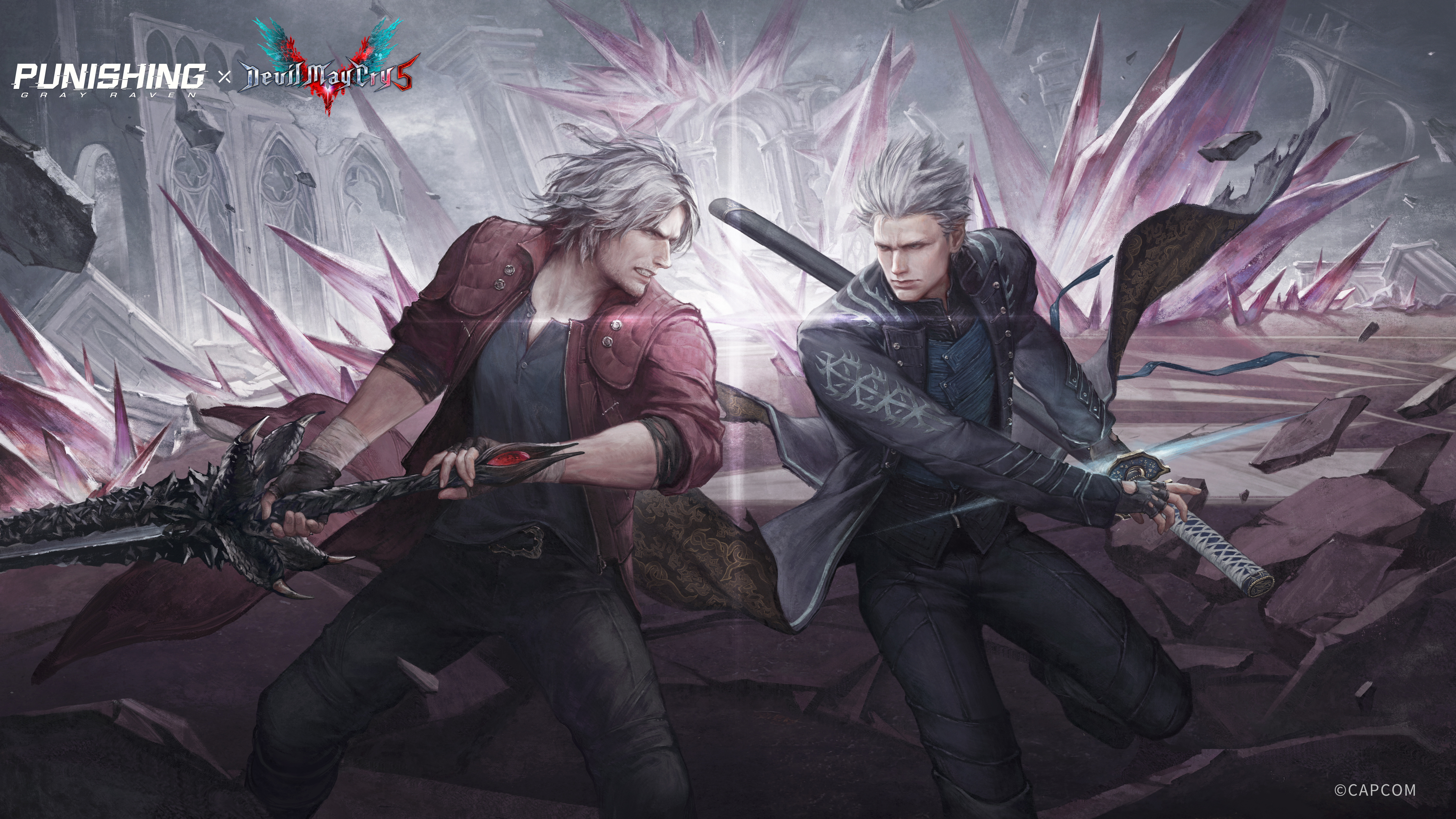 dante (devil may cry), vergil (devil may cry), devil may cry (series), devil may cry 5, punishing: gray raven, absurdres, highres, official art, 2boys, black coat, blue vest, brothers, coat, crossover, devil sword dante, fighting stance, fingerless gloves, gloves, hair slicked back, holding, holding sword, holding weapon, multiple boys, red coat, ruins, siblings, sleeves rolled up, sword, twins, vest, weapon, white hair, yamato (sword)