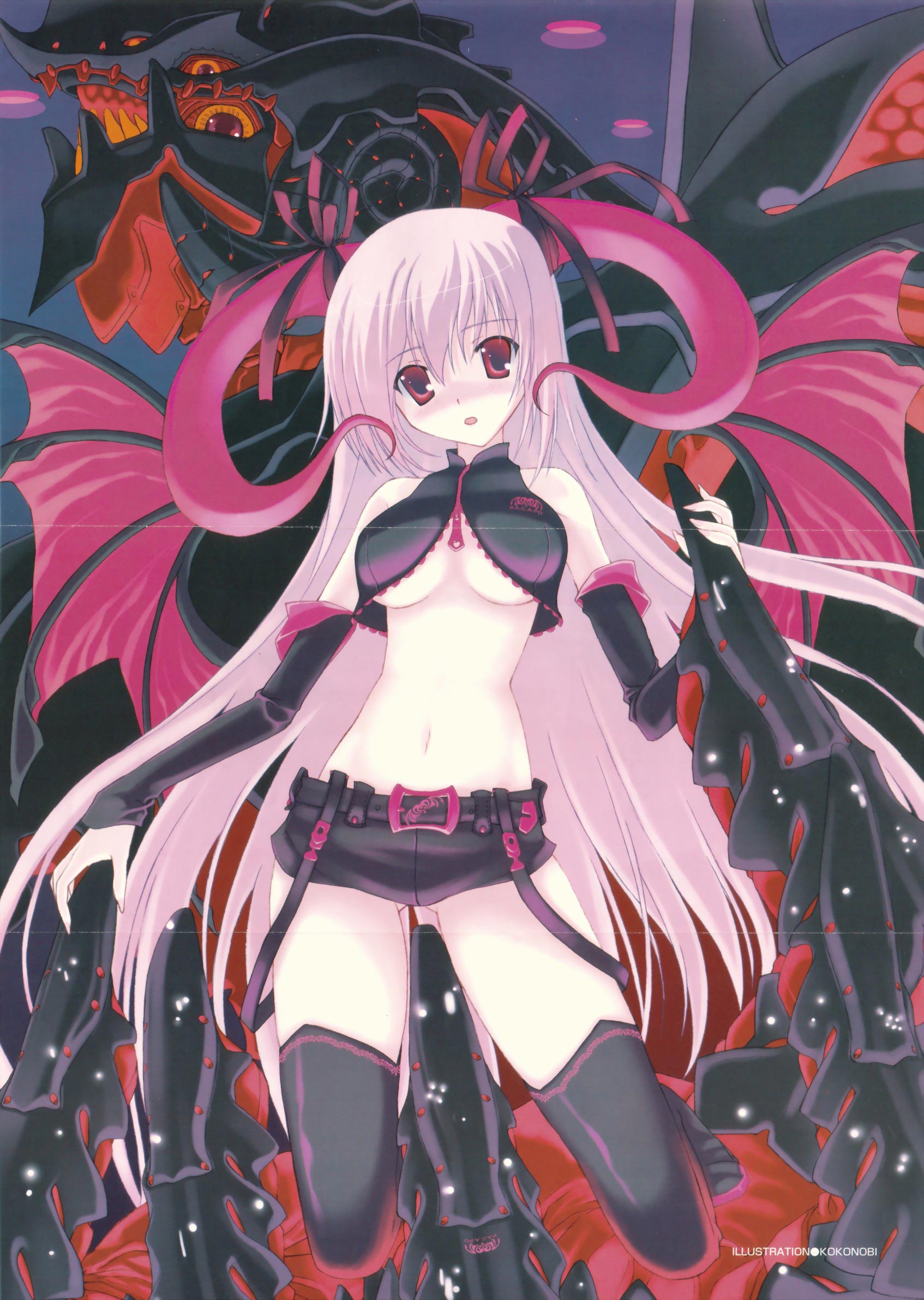 nanao naru, original, silver hair, highres, scan, scan artifacts, 1girl, boots, breasts, crease, demon girl, female focus, horns, large breasts, midriff, navel, red eyes, ribbon, shorts, solo, thigh boots, thighhighs, underboob