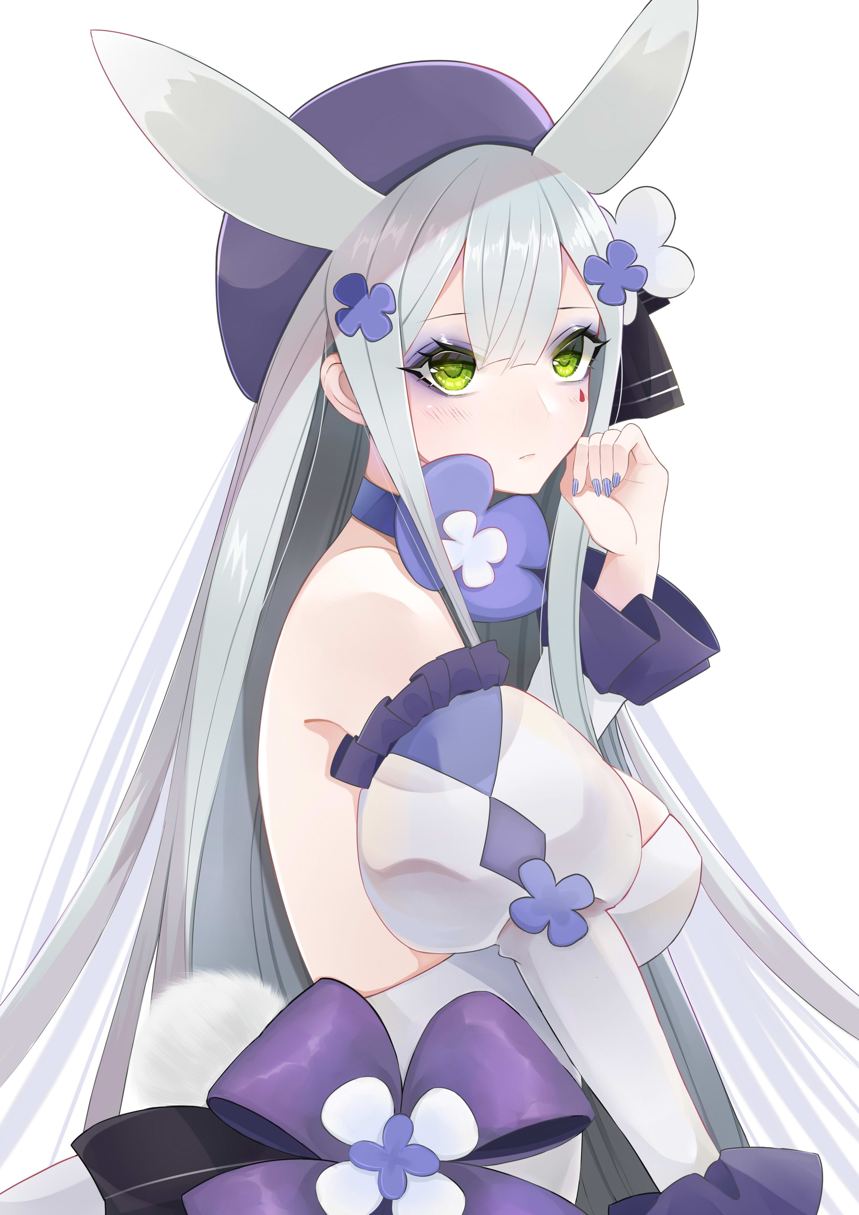 en homuran, hk416 (girls' frontline), hk416 (herbal-flavored hard candy) (girls' frontline), girls' frontline, absurdres, highres, 1girl, animal ears, backless dress, backless outfit, beret, blunt bangs, breasts, choker, clover hair ornament, detached sleeves, dress, eyeshadow, green eyes, grey hair, hair ornament, hat, large breasts, long hair, long sleeves, makeup, official alternate costume, puffy long sleeves, puffy sleeves, purple eyeshadow, purple nails, rabbit ears, rabbit tail, strapless, strapless dress, tail, tattoo, teardrop tattoo, very long hair