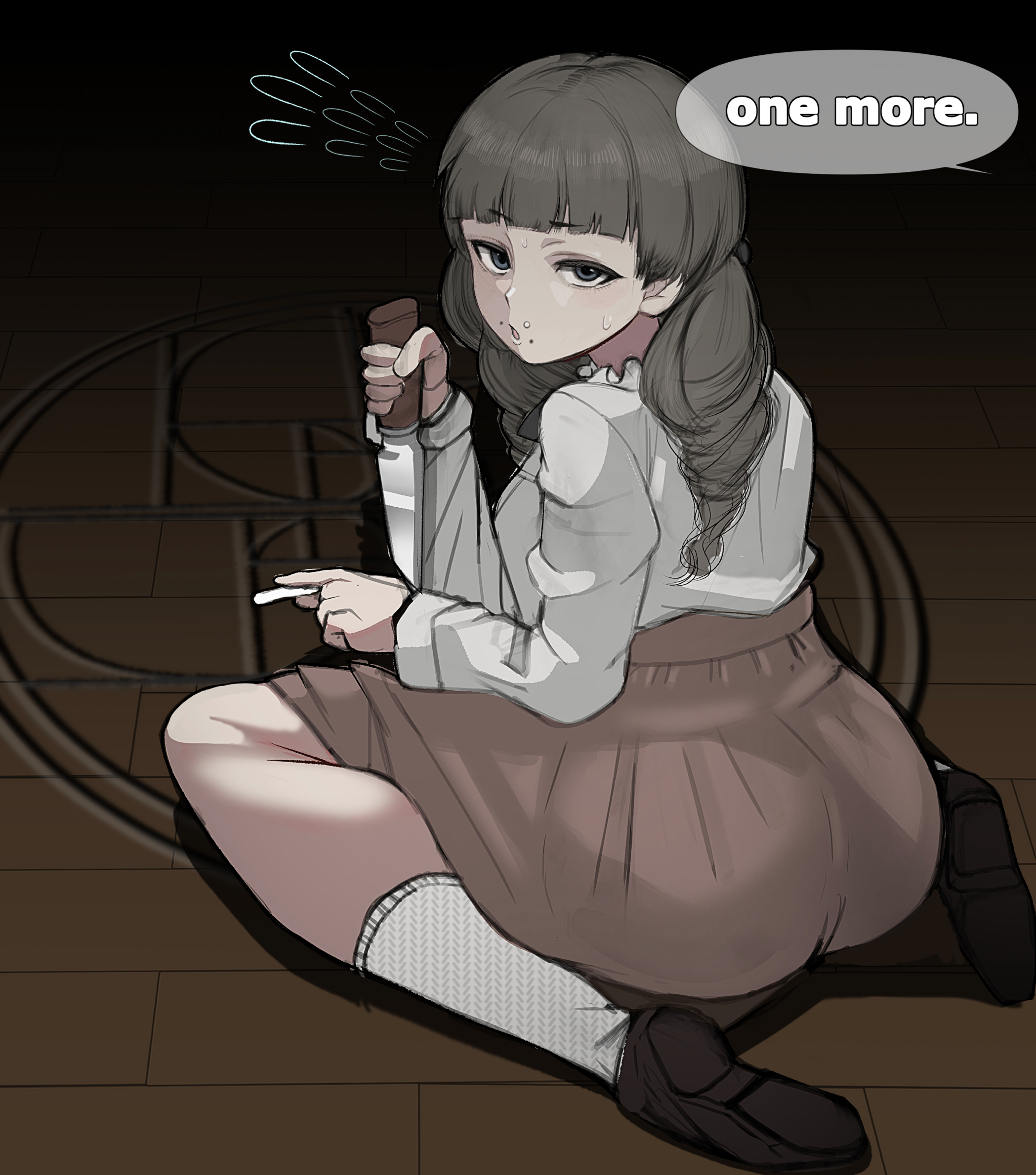 minami no uo-za, marina (fear & hunger), fear & hunger (series), fear & hunger 2: termina, hashtag-only commentary, highres, 1girl, ass, blunt bangs, brown eyes, brown hair, brown shoes, chalk, english text, face piercing, flying sweatdrops, frilled shirt collar, frills, holding, holding chalk, holding knife, knife, long hair, long sleeves, looking at viewer, mouth piercing, on floor, parted lips, piercing, pink skirt, reverse grip, shirt, shirt tucked in, shoes, sitting, skirt, socks, solo, speech bubble, sweat, twintails, wariza, white shirt, white socks, wooden floor