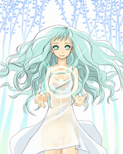 hebi hachi, 1girl, aqua eyes, aqua hair, bare shoulders, dress, female focus, long hair, nature, no bra, no panties, plant, pussy, see-through clothes, solo, white background