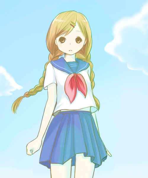 hebi hachi, blonde hair, braid, brown eyes, day, hair ornament, hairclip, long hair, school uniform, serafuku, sky, solo, twin braids, twintails