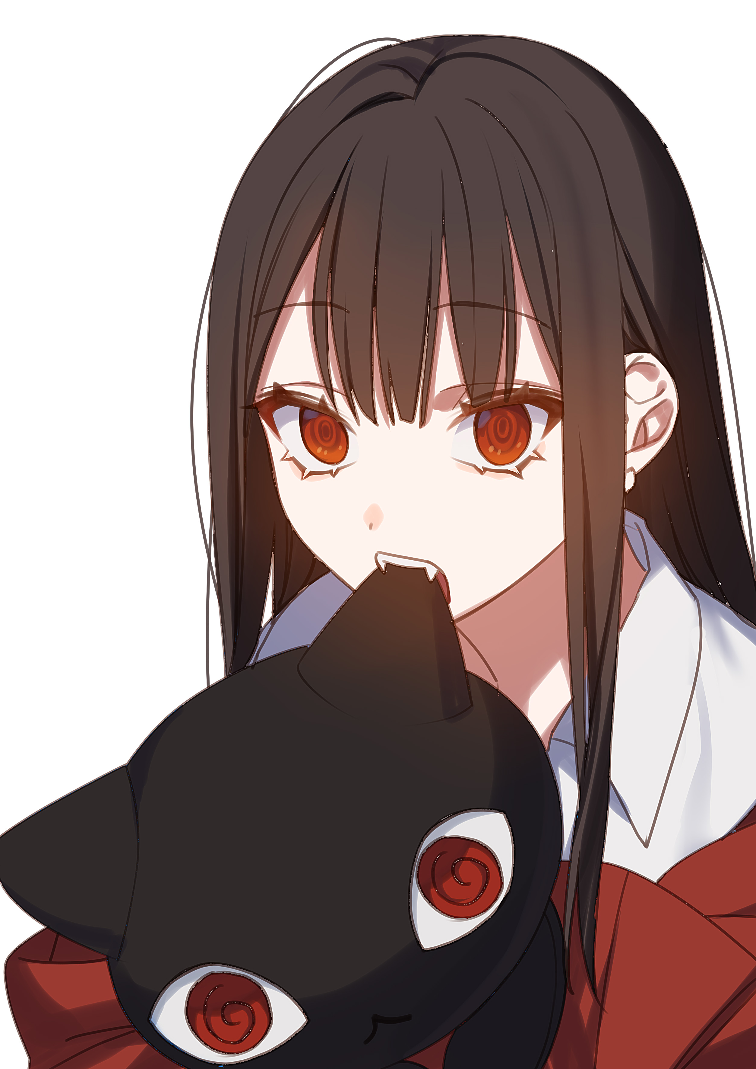 ryon (ryonhei), chihara mai, jirai nan desu ka? chihara-san, absurdres, commentary request, highres, second-party source, 1girl, @ @, biting, black hair, cardigan, collared shirt, holding, holding stuffed toy, long hair, red cardigan, red eyes, ringed eyes, school uniform, shirt, sidelocks, simple background, solo, stuffed animal, stuffed cat, stuffed toy, teeth, upper body, white background, white shirt