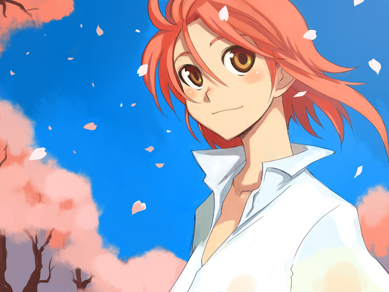 kusanagi tonbo, original, brown eyes, cherry blossoms, long hair, petals, red hair, smile, solo, wind