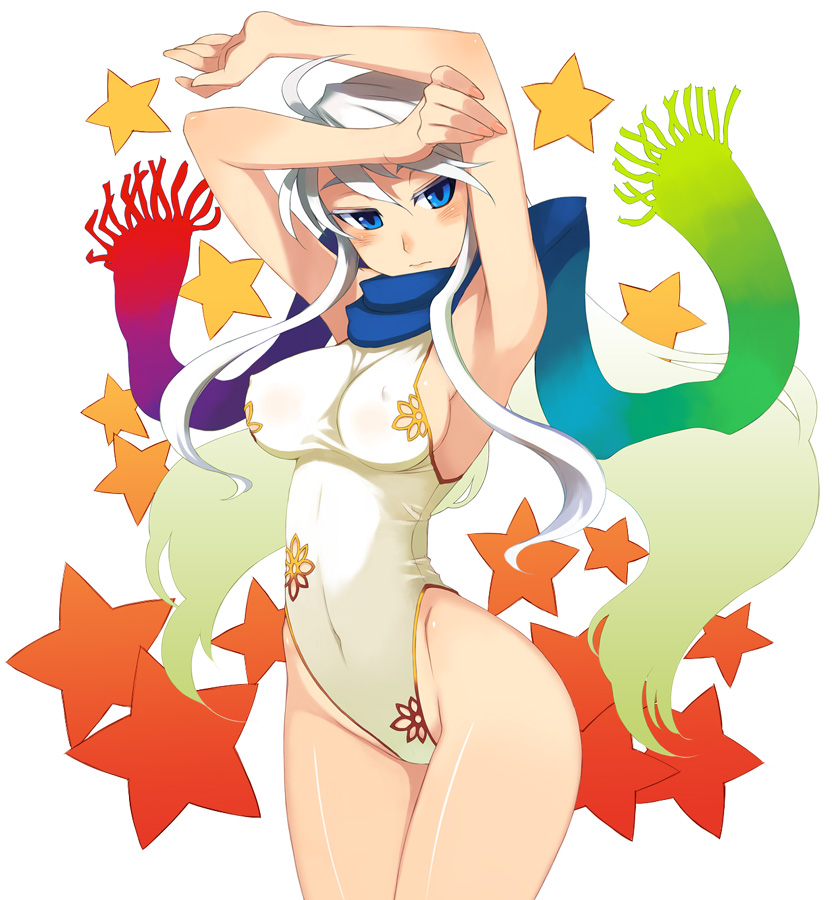kusanagi tonbo, original, 1girl, ahoge, armpits, arms up, blue eyes, blush, breasts, casual one-piece swimsuit, covered erect nipples, curvy, female focus, hip focus, large breasts, leotard, long hair, multicolored scarf, navel, one-piece swimsuit, rainbow order, scarf, sideboob, solo, star (symbol), star symbol background, swimsuit, white hair, wide hips
