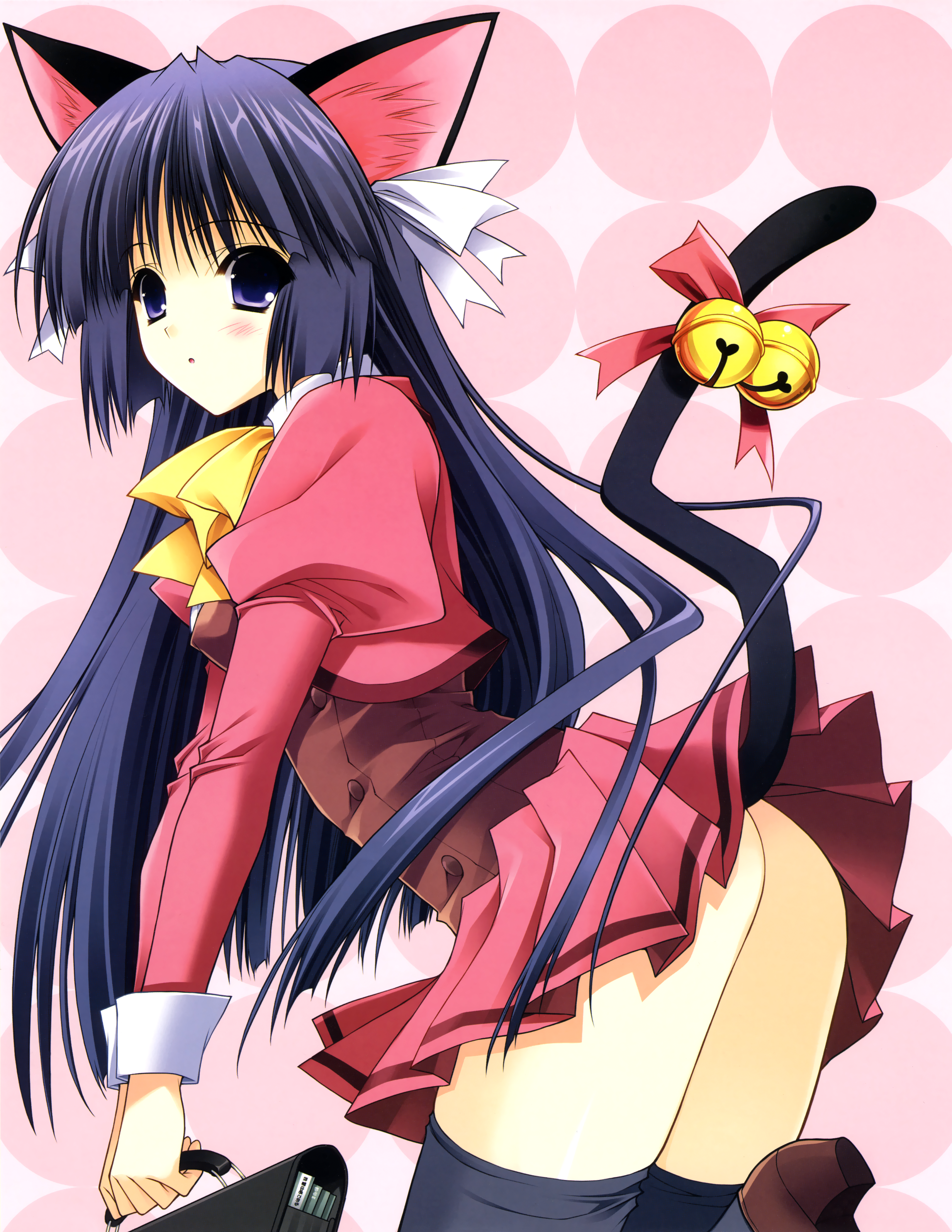 suzuhira hiro, absurdres, highres, 1girl, animal ears, ass, bell, blue eyes, blue hair, cat ears, cat tail, female focus, long hair, school uniform, serafuku, solo, tail, thighhighs